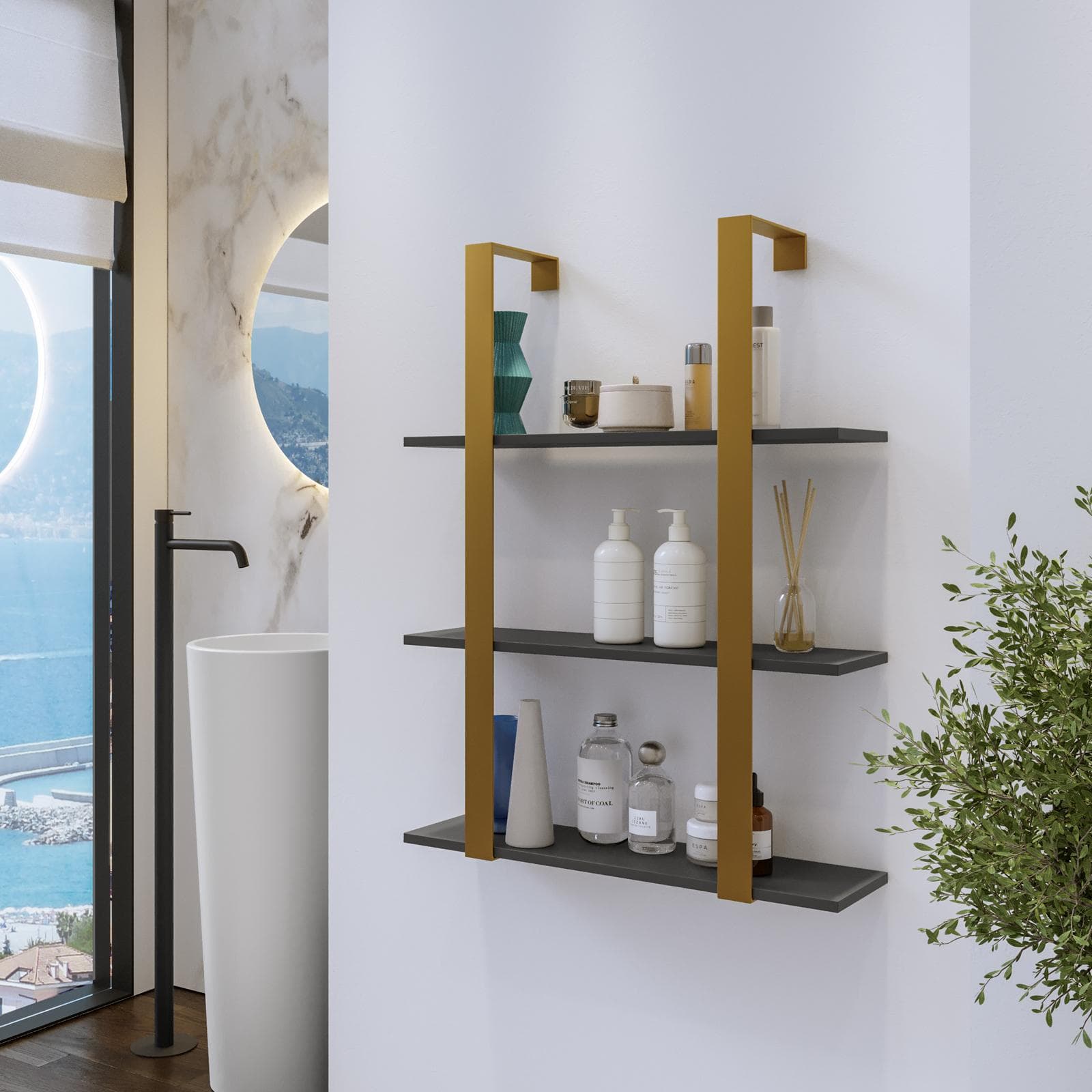 Mensola bagno 70x90 h cm in acciaio oro e mensole antracite - Multipla