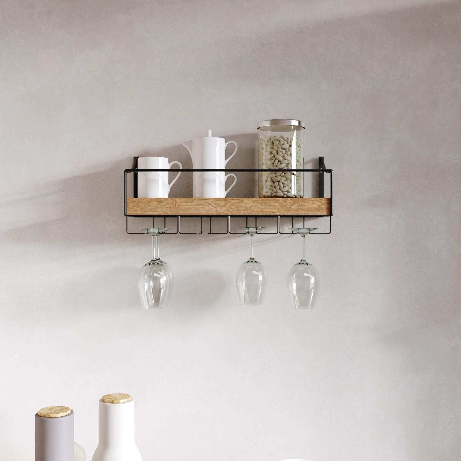 Mensola con portabicchieri 48x20 h cm in legno naturale e metallo nero - Bourbon