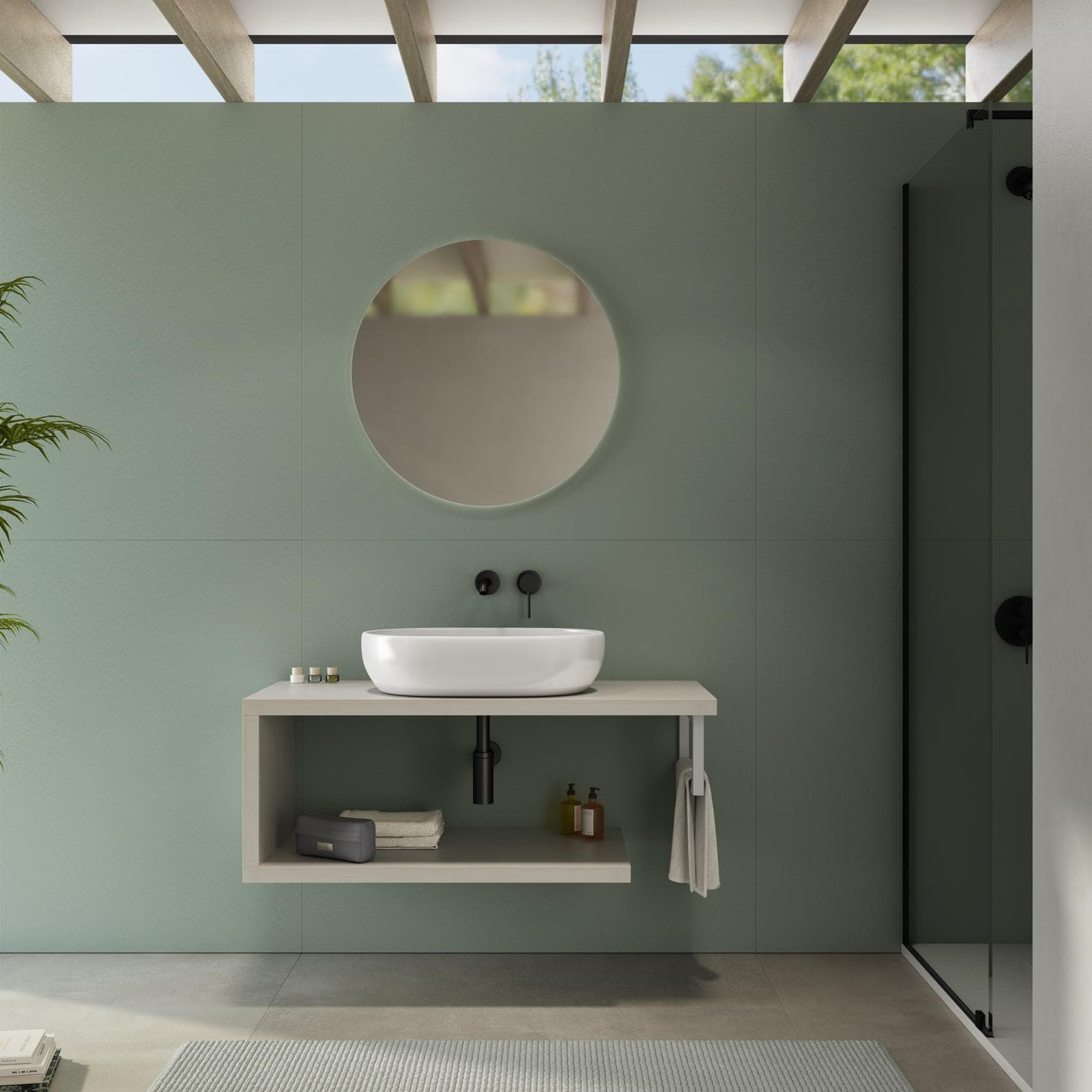 Mensolone bagno 100 cm con ripiano in legno rovere bianco e portasalviette bianco opaco - Plain