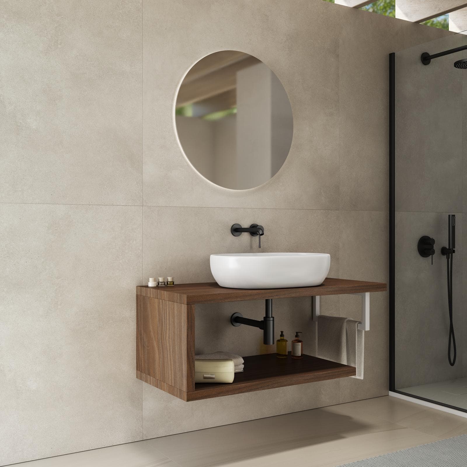 Mensolone bagno 100 cm con ripiano in legno rovere deciso e portasalviette bianco opaco - Plain