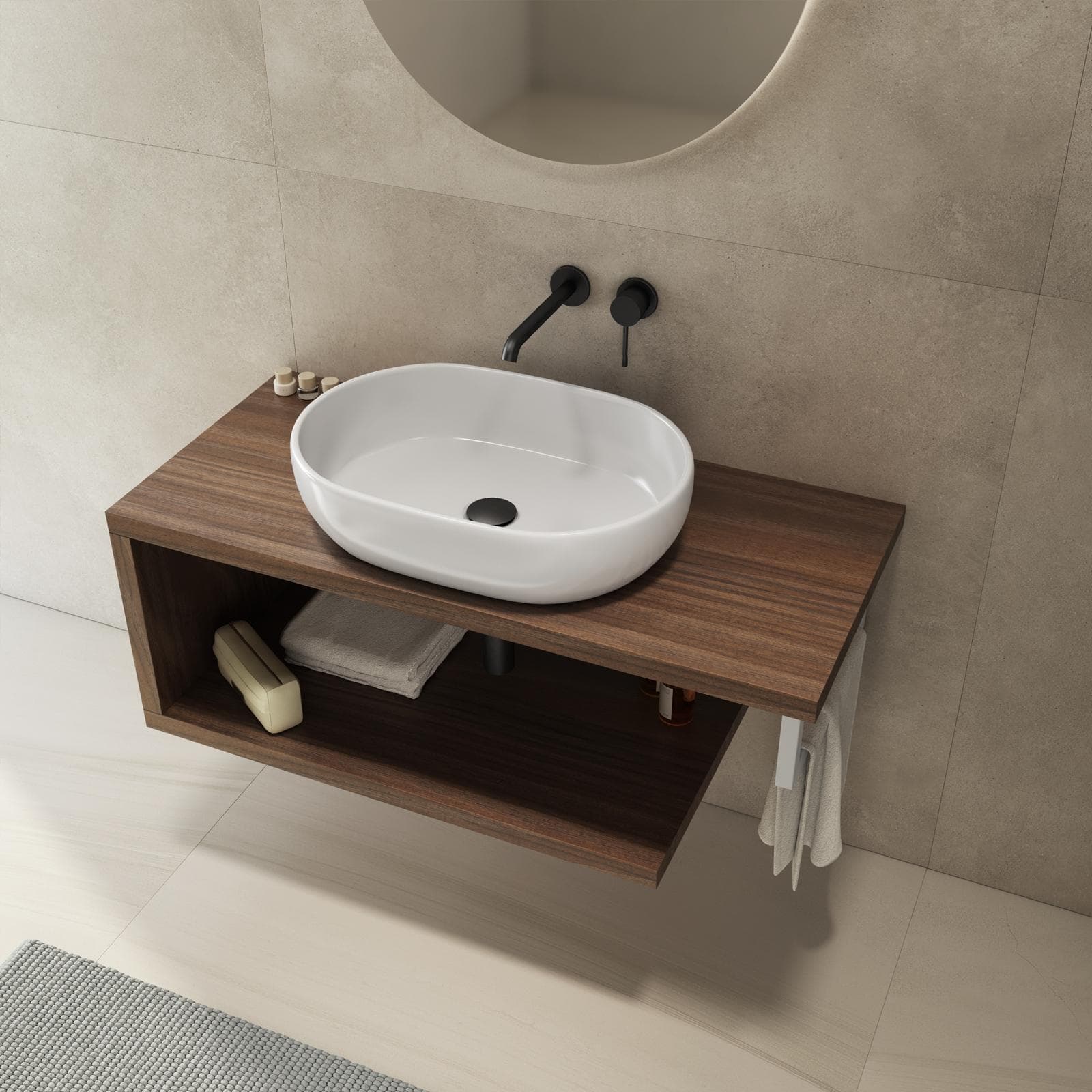 Mensolone bagno 100 cm con ripiano in legno rovere deciso e portasalviette bianco opaco - Plain