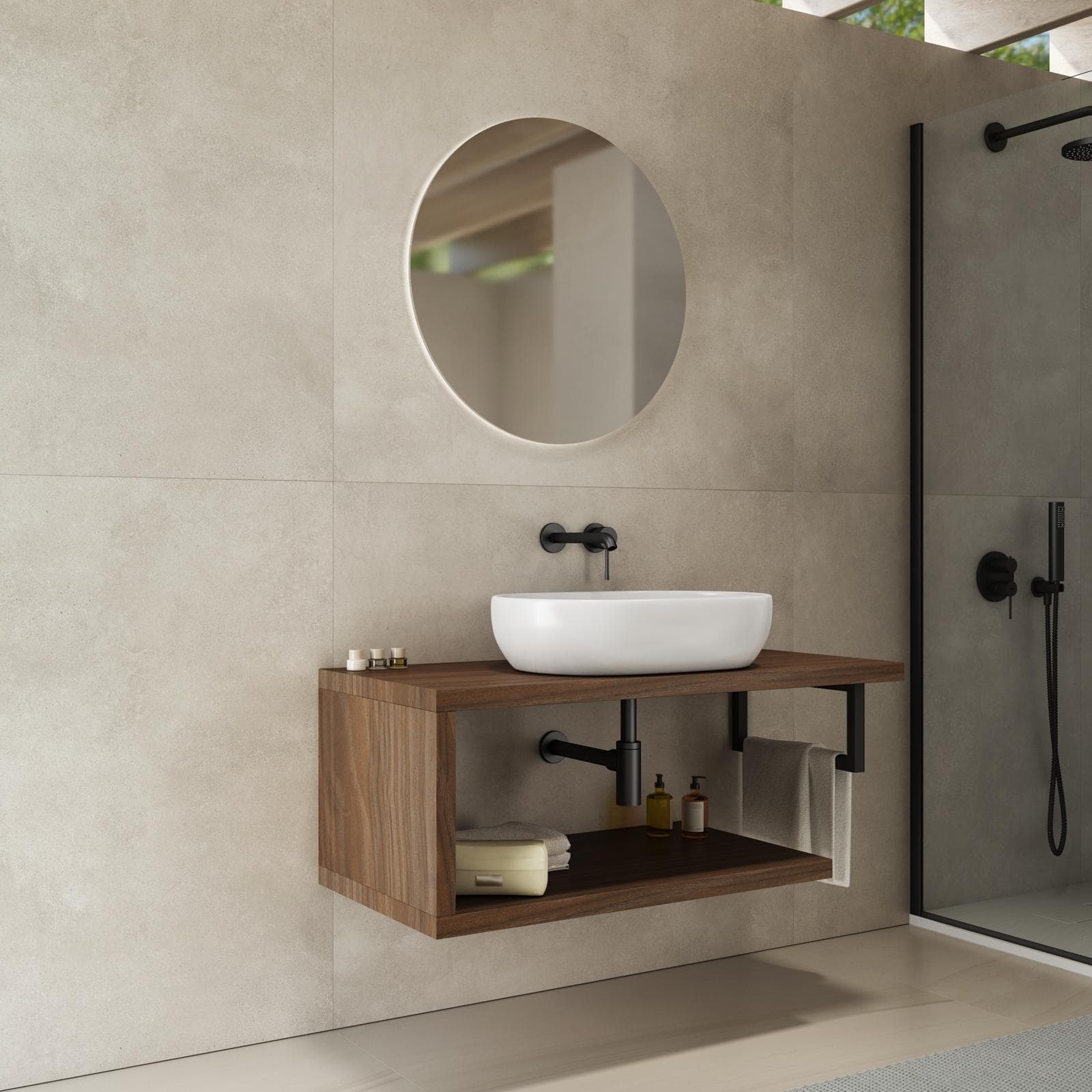 Mensolone bagno 100 cm con ripiano in legno rovere deciso e portasalviette nero opaco - Plain