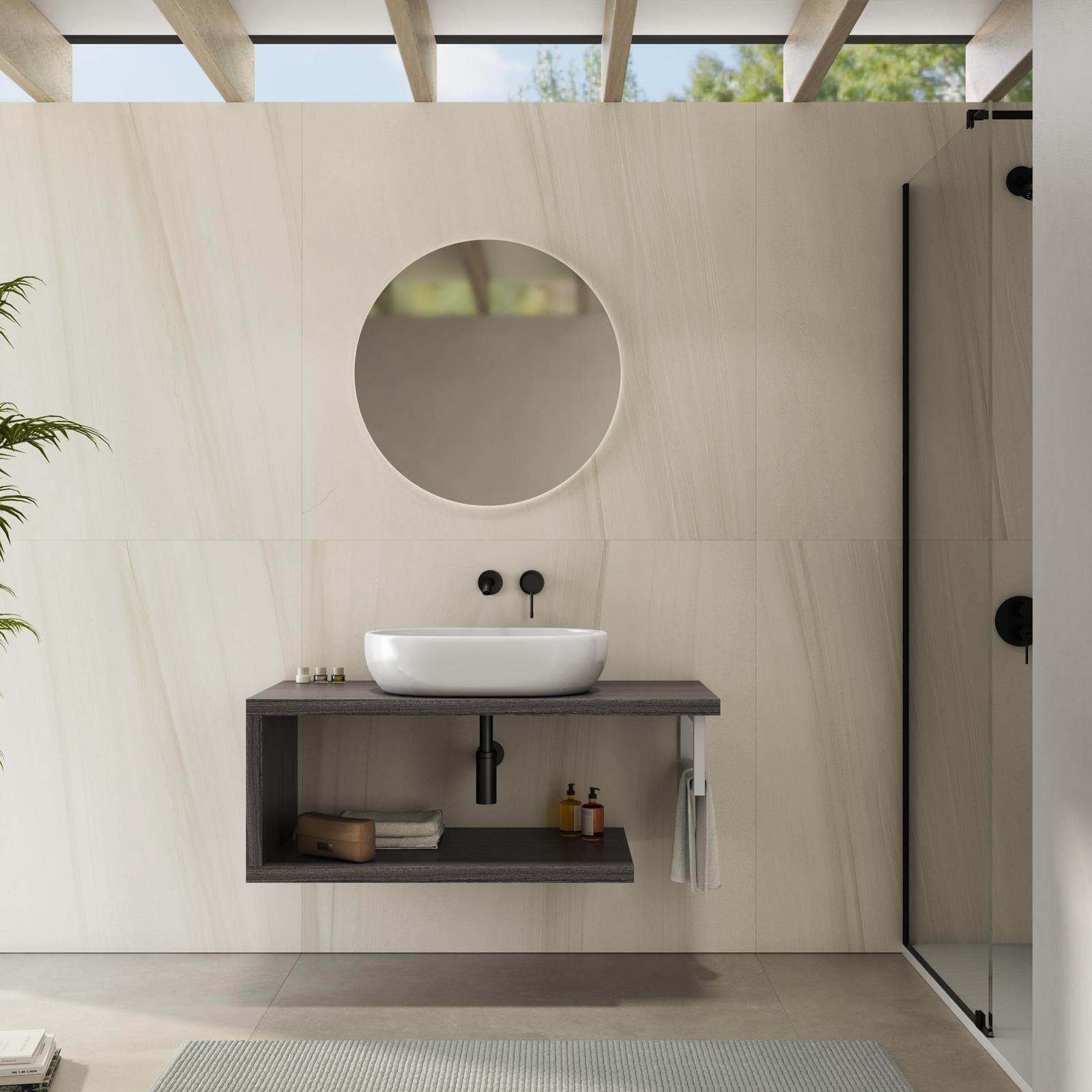 Mensolone bagno 100 cm con ripiano in legno rovere grigio e portasalviette bianco opaco - Plain