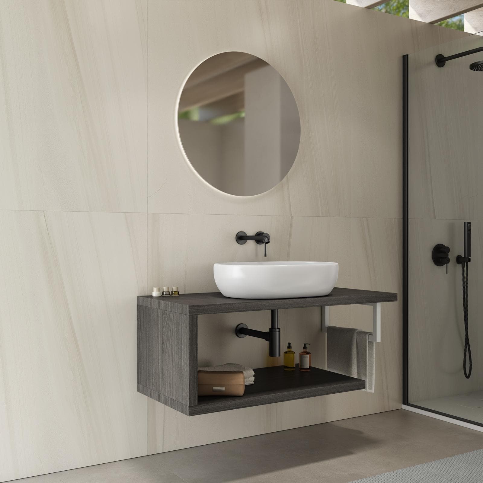 Mensolone bagno 100 cm con ripiano in legno rovere grigio e portasalviette bianco opaco - Plain