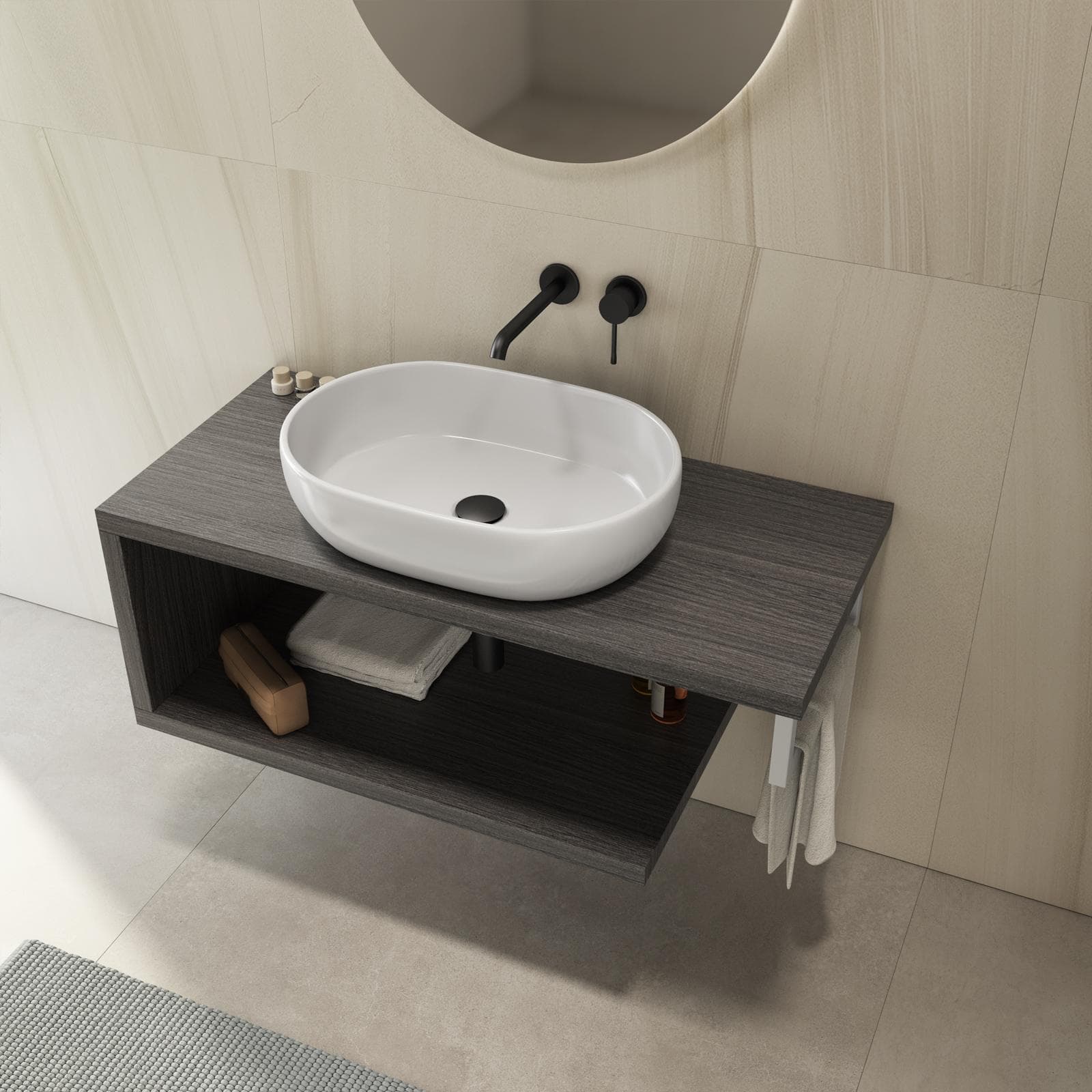 Mensolone bagno 100 cm con ripiano in legno rovere grigio e portasalviette bianco opaco - Plain