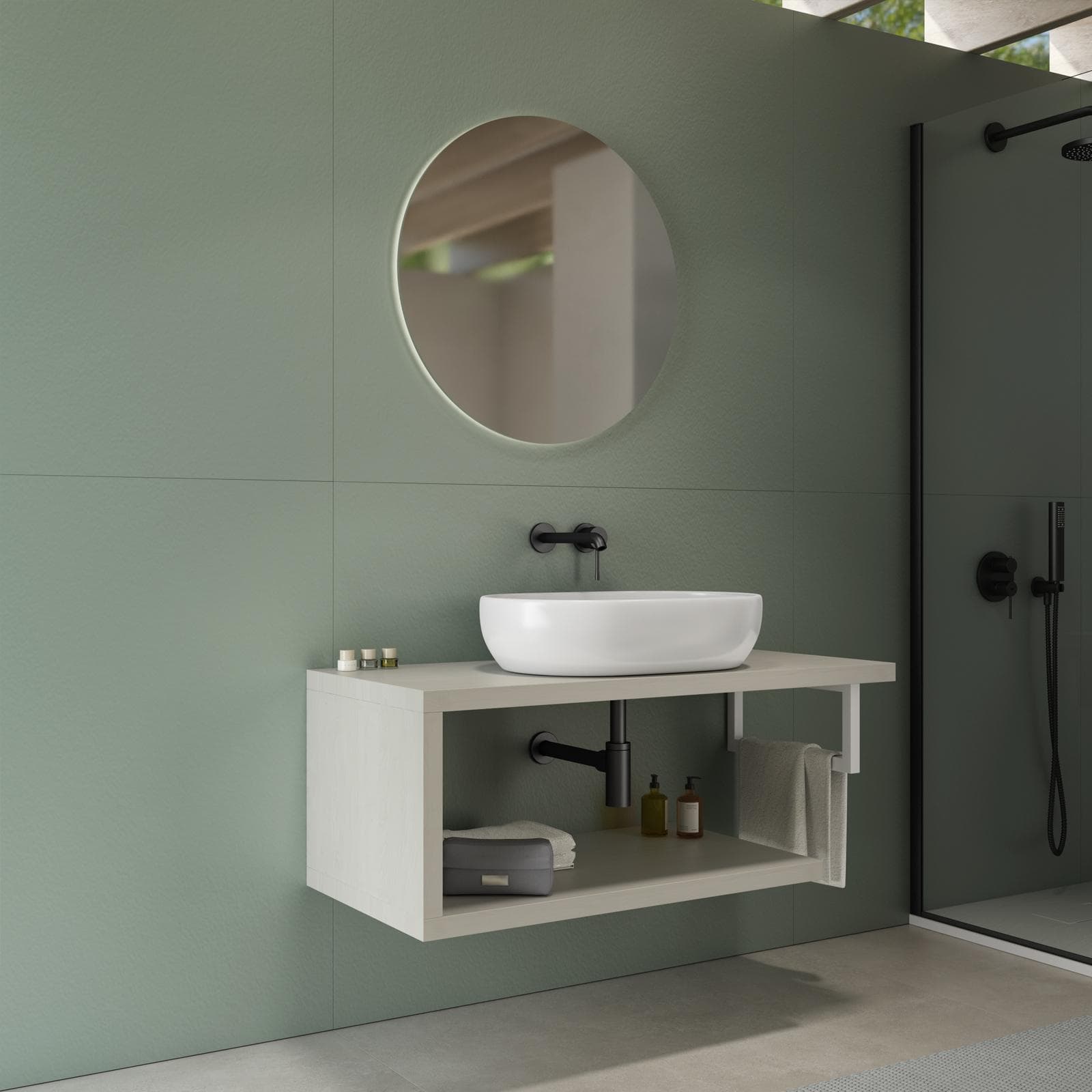 Mensolone bagno 110 cm con ripiano in legno rovere bianco e portasalviette bianco opaco - Plain