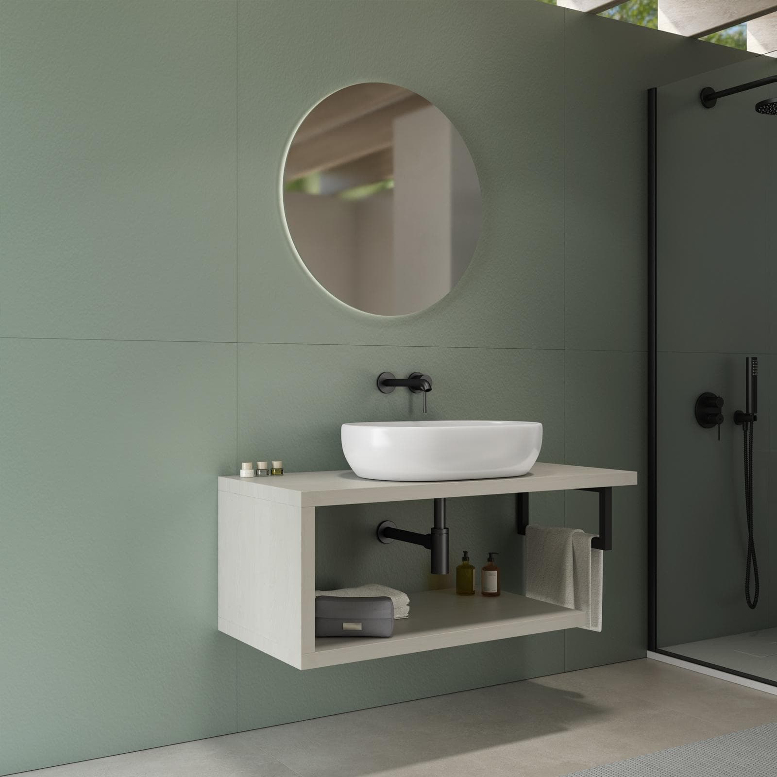 Mensolone bagno 120 cm con ripiano in legno rovere bianco e portasalviette nero opaco - Plain