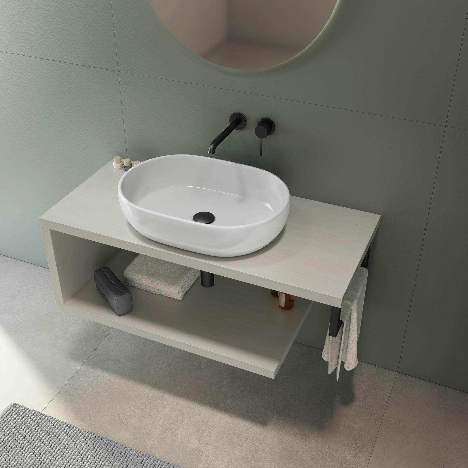 Mensolone bagno 120 cm con ripiano in legno rovere bianco e portasalviette nero opaco - Plain
