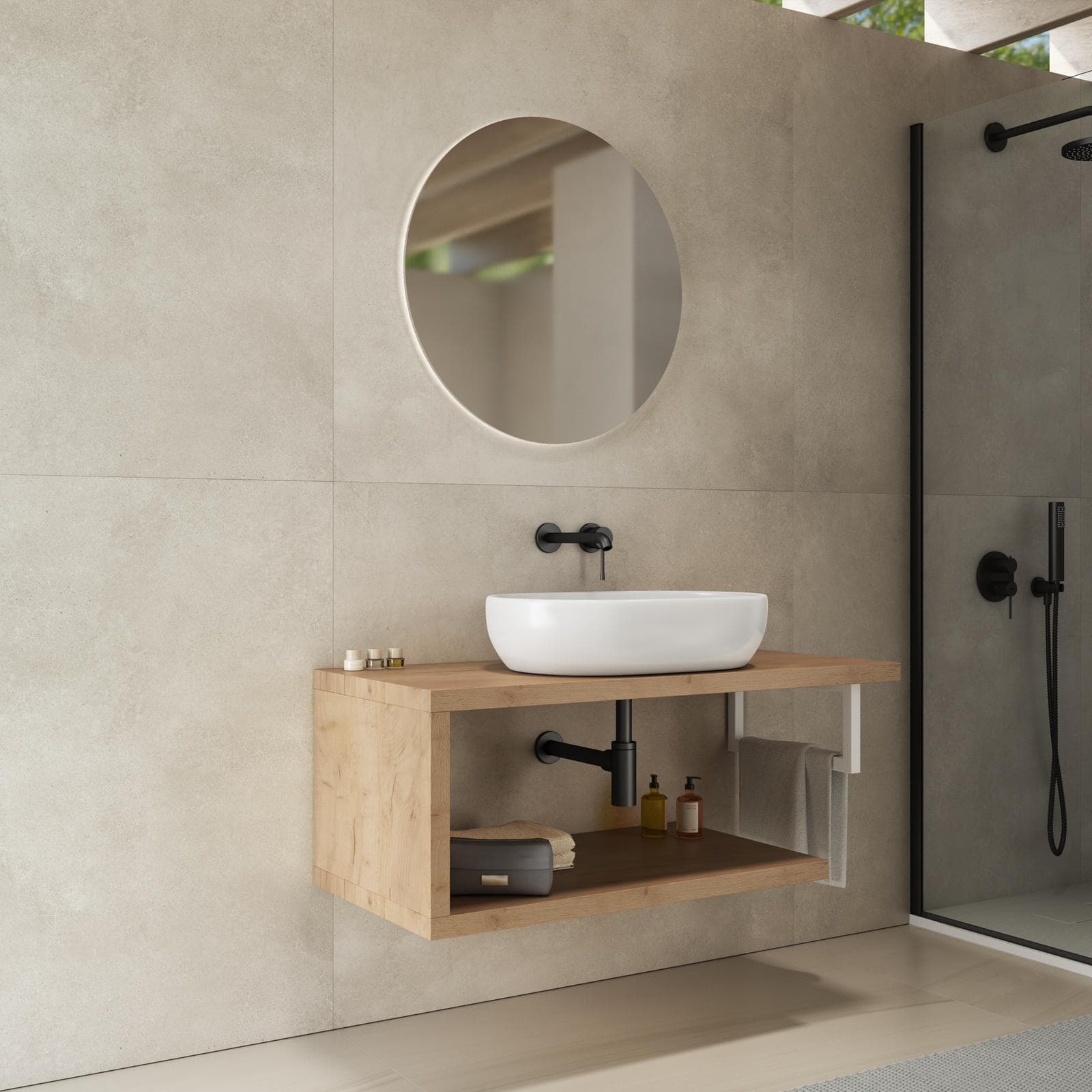 Mensolone bagno 120 cm con ripiano in legno rovere gold e portasalviette bianco opaco - Plain
