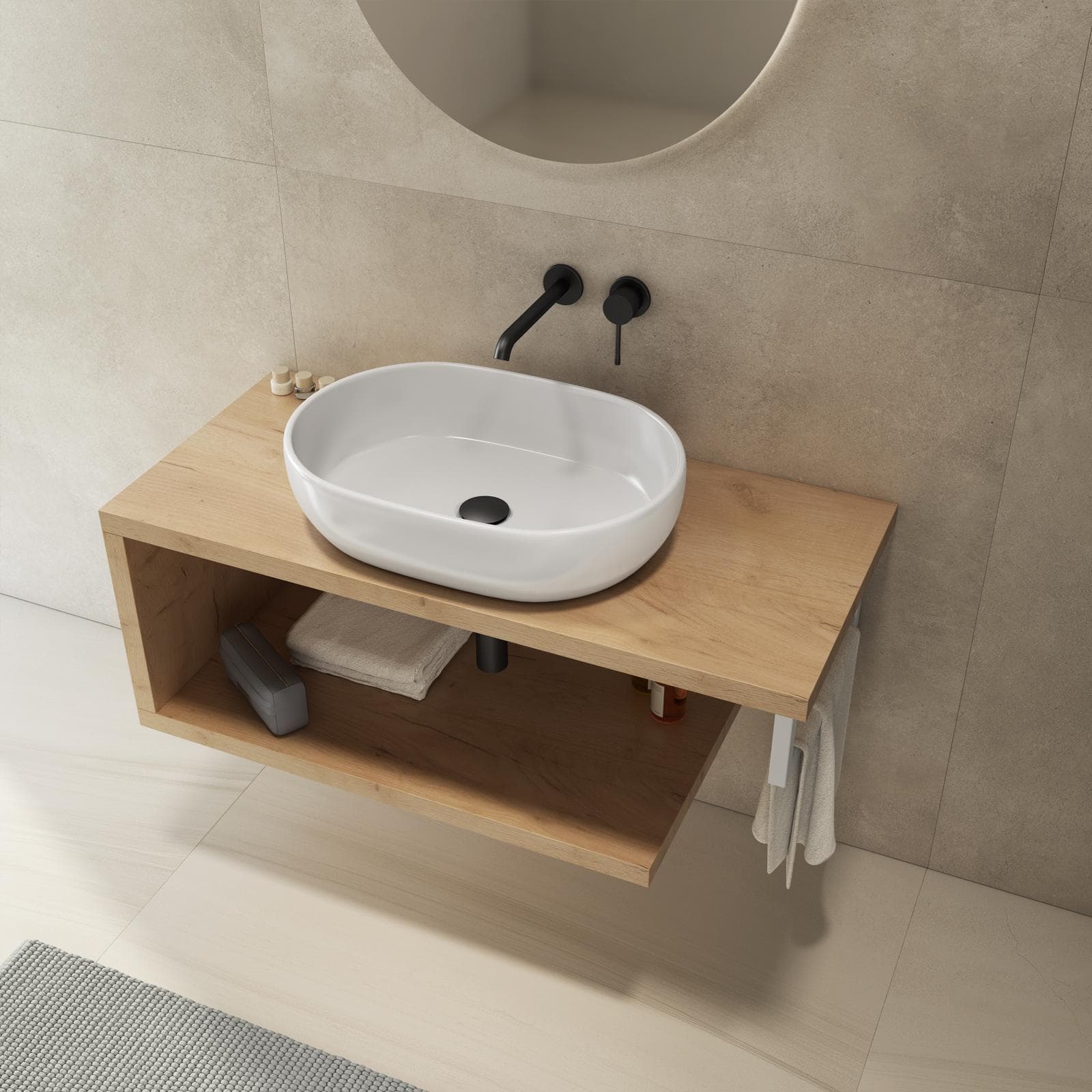 Mensolone bagno 120 cm con ripiano in legno rovere gold e portasalviette bianco opaco - Plain