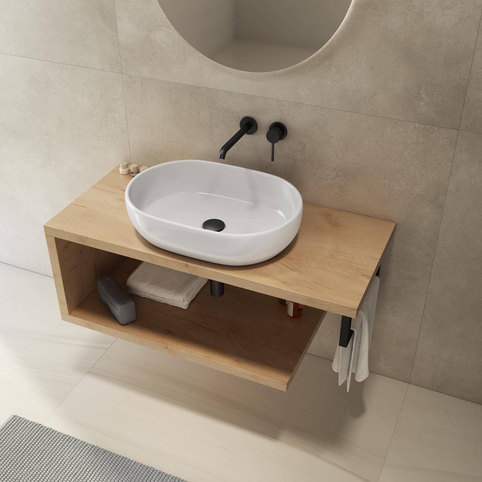 Mensolone bagno 120 cm con ripiano in legno rovere gold e portasalviette nero opaco - Plain