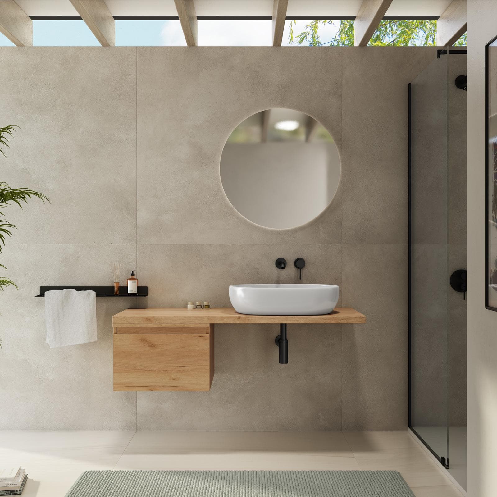 Mensolone bagno 130 cm con cassetto sospeso 50 cm in legno rovere gold - Plain