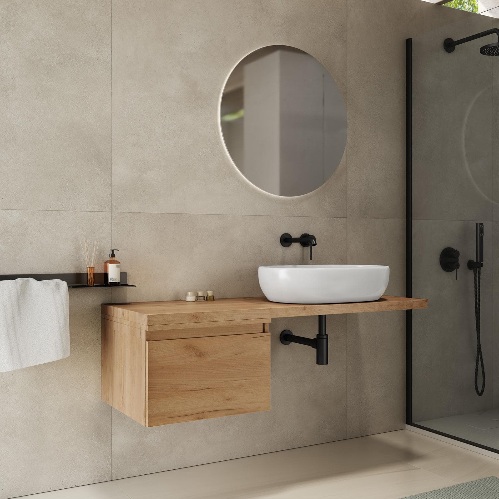 Mensolone bagno 130 cm con cassetto sospeso 50 cm in legno rovere gold - Plain