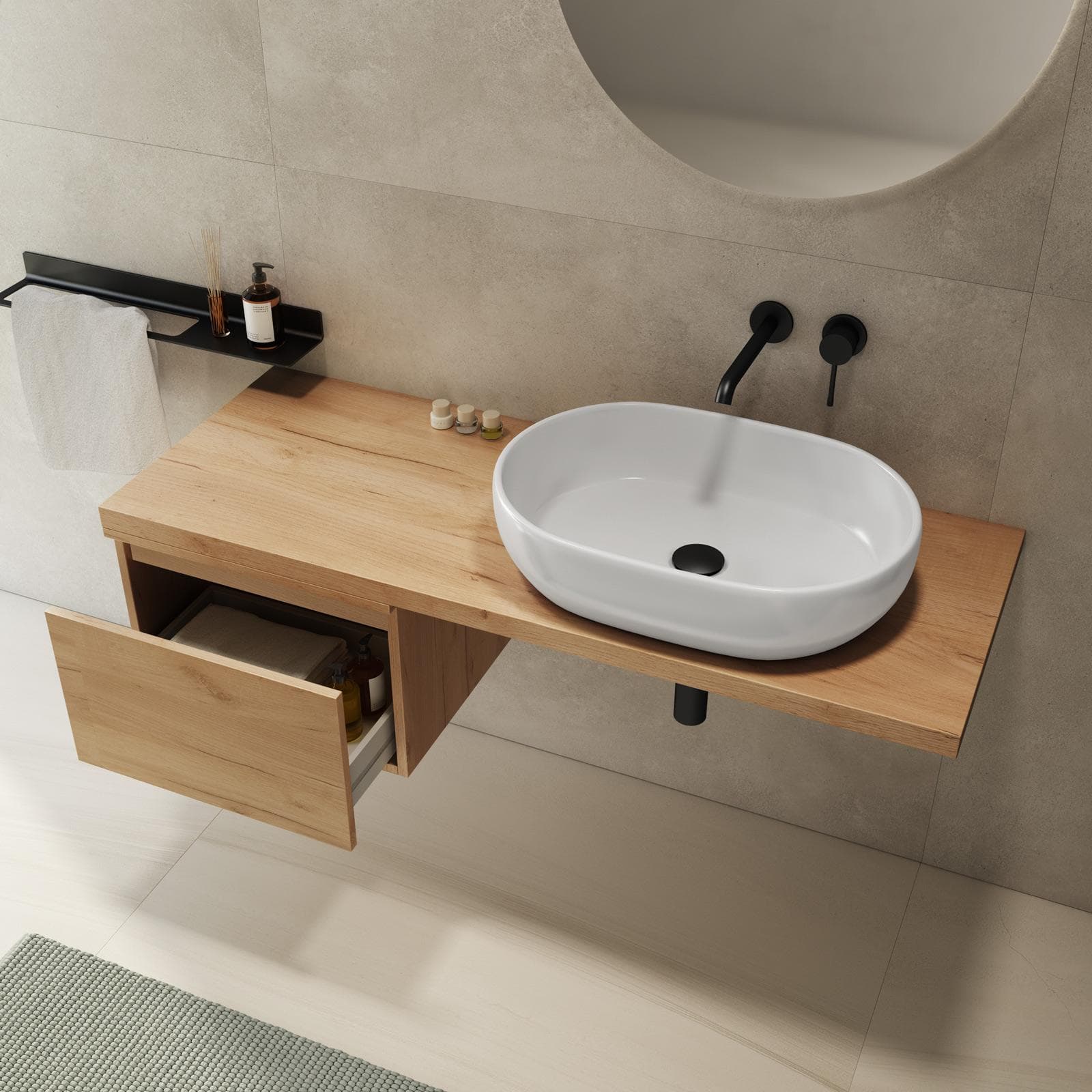 Mensolone bagno 130 cm con cassetto sospeso 50 cm in legno rovere gold - Plain