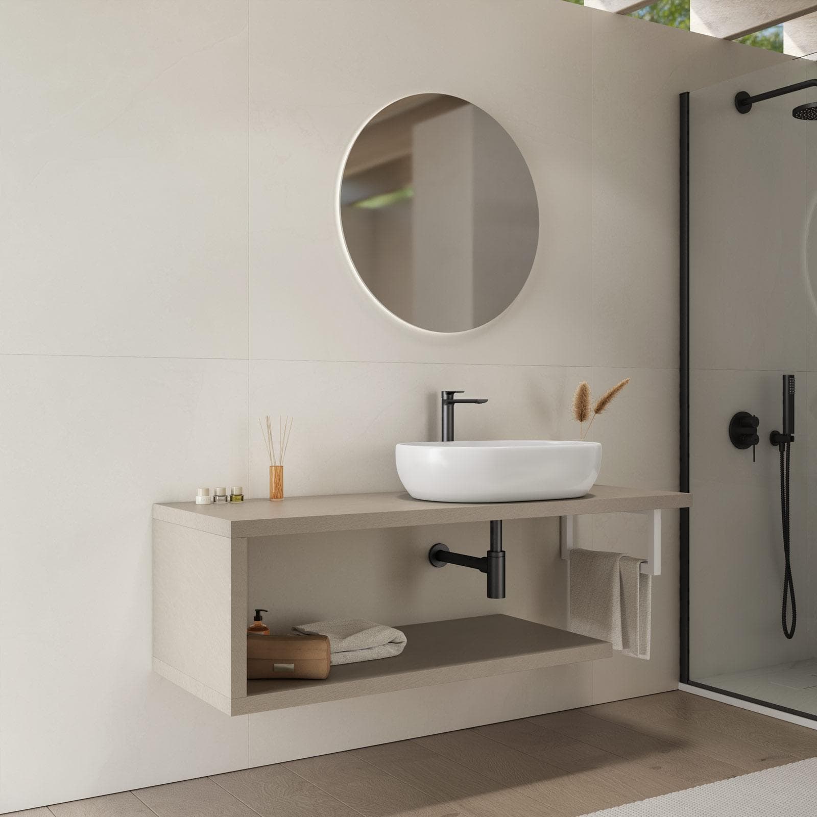 Mensolone bagno 130 cm con ripiano in legno argilla e portasalviette bianco opaco - Plain
