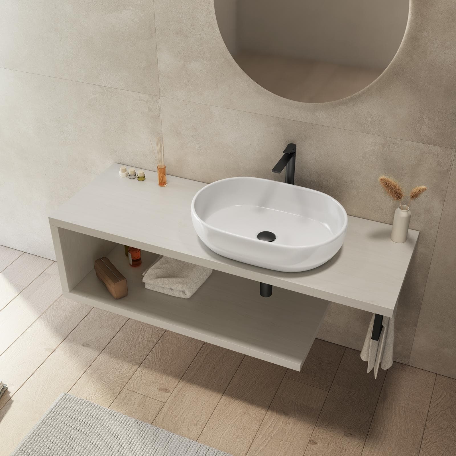 Mensolone bagno 130 cm con ripiano in legno rovere bianco e portasalviette nero opaco - Plain