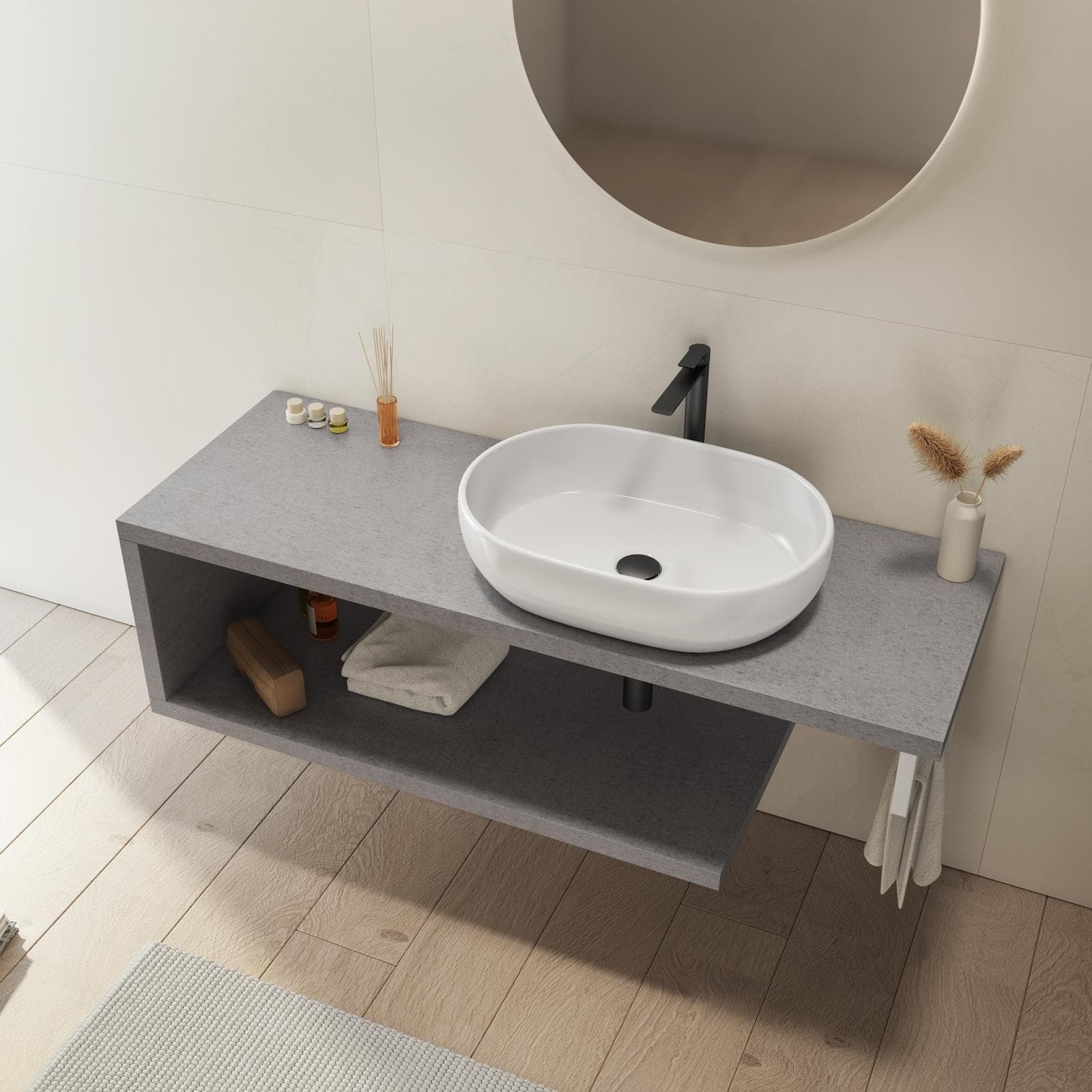 Mensolone bagno 140 cm con ripiano in legno grigio pietra opaco e portasalviette bianco opaco - Plain