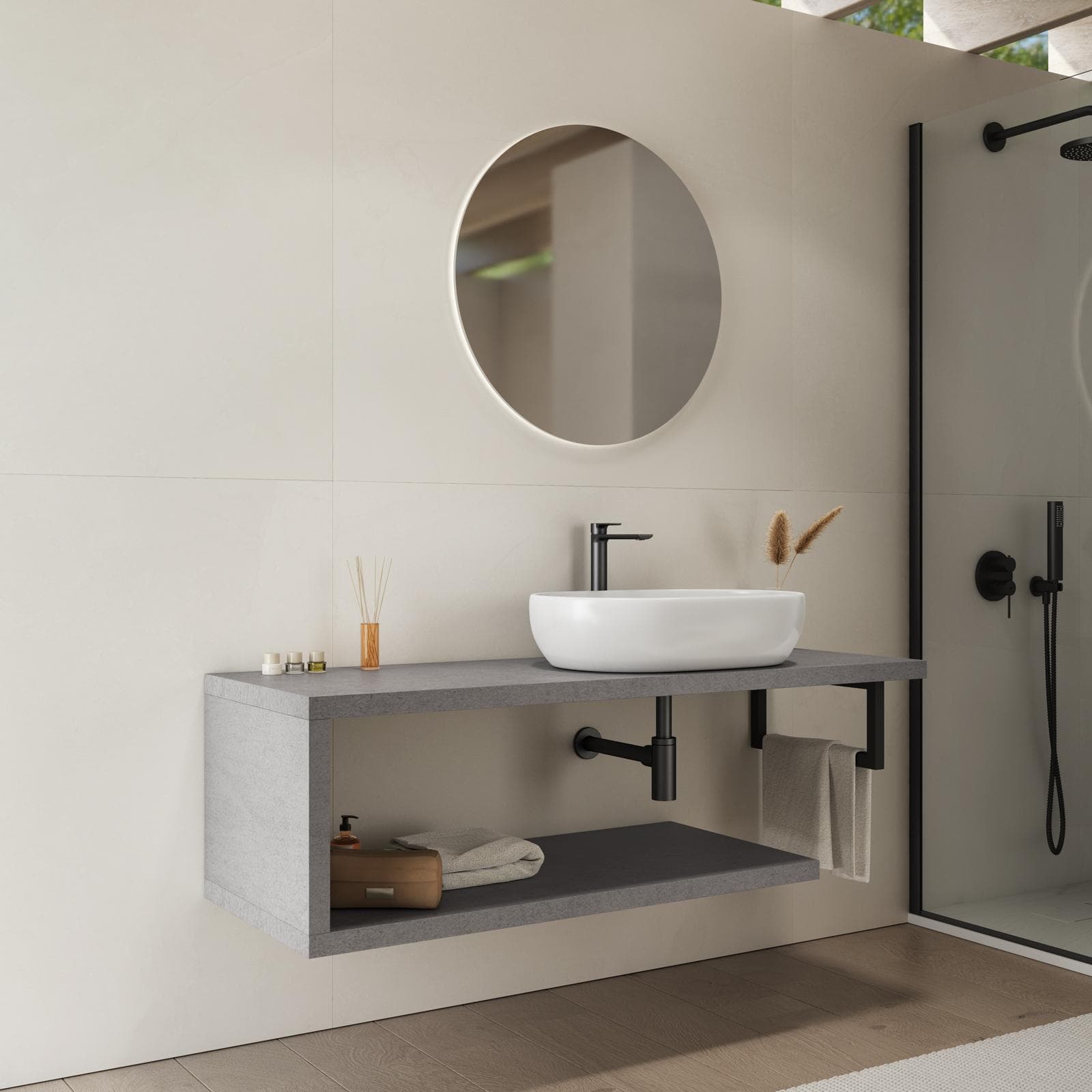 Mensolone bagno 140 cm con ripiano in legno grigio pietra opaco e portasalviette nero opaco - Plain