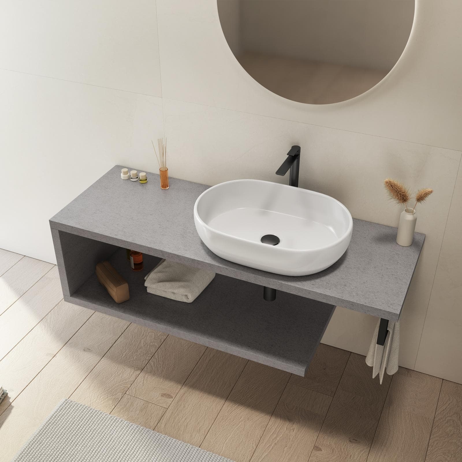 Mensolone bagno 140 cm con ripiano in legno grigio pietra opaco e portasalviette nero opaco - Plain