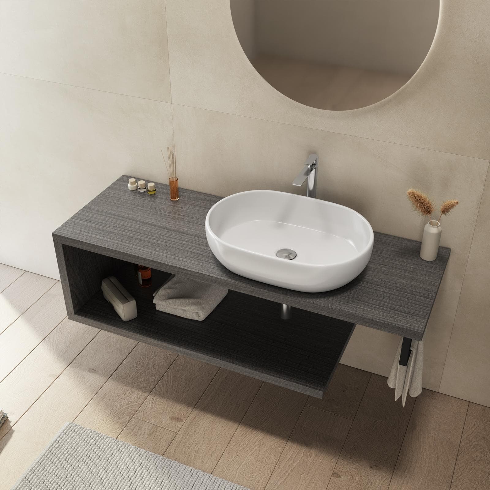 Mensolone bagno 140 cm con ripiano in legno rovere grigio e portasalviette nero opaco - Plain