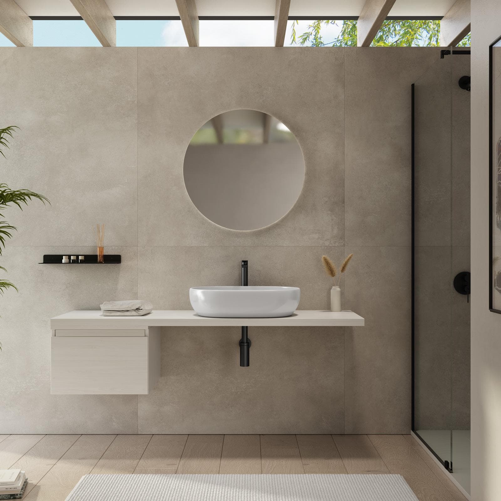 Mensolone bagno 150 cm con cassetto sospeso 50 cm in legno rovere bianco - Plain
