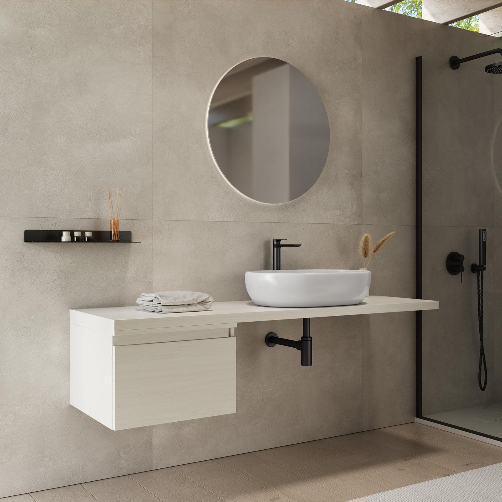 Mensolone bagno 150 cm con cassetto sospeso 50 cm in legno rovere bianco - Plain
