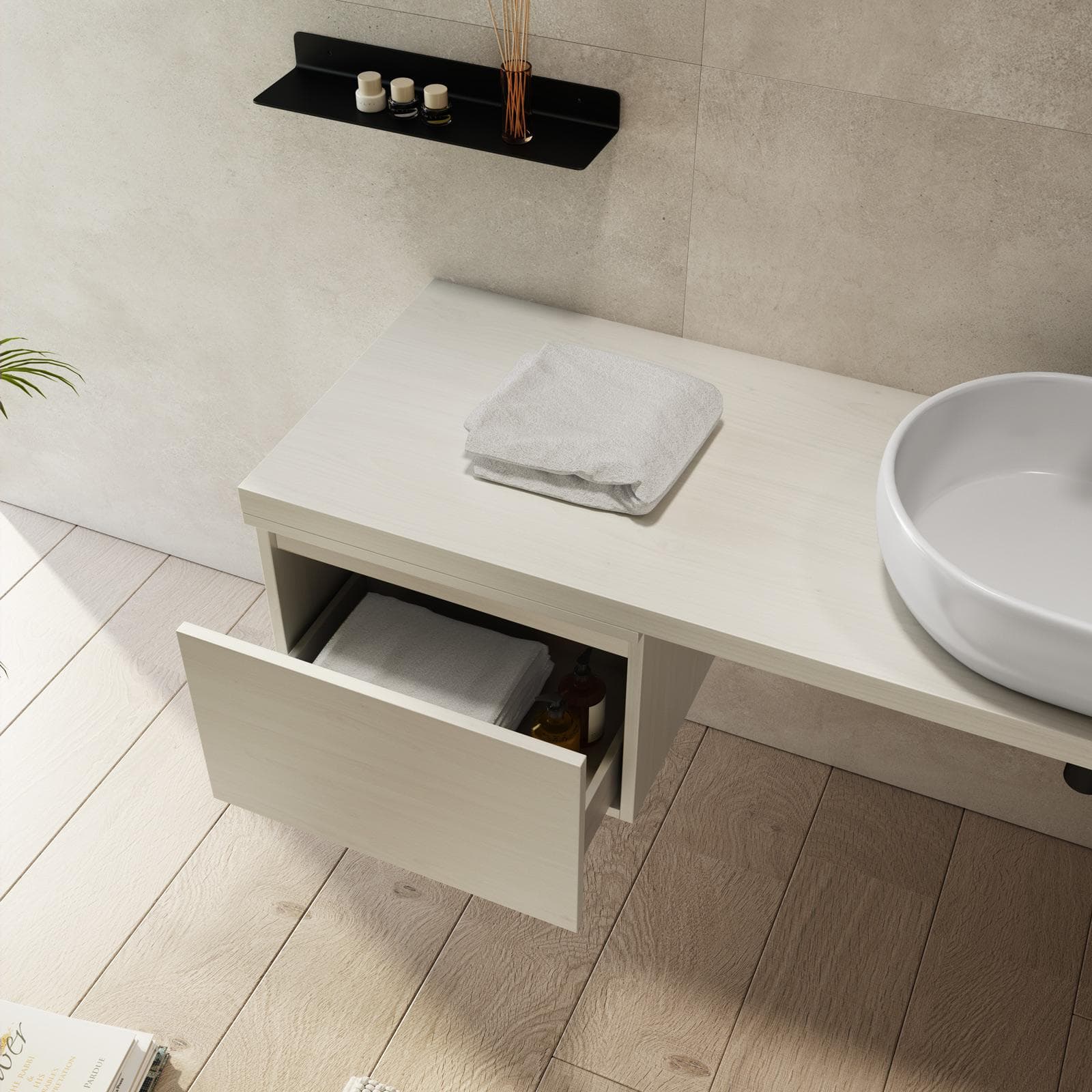 Mensolone bagno 150 cm con cassetto sospeso 50 cm in legno rovere bianco - Plain