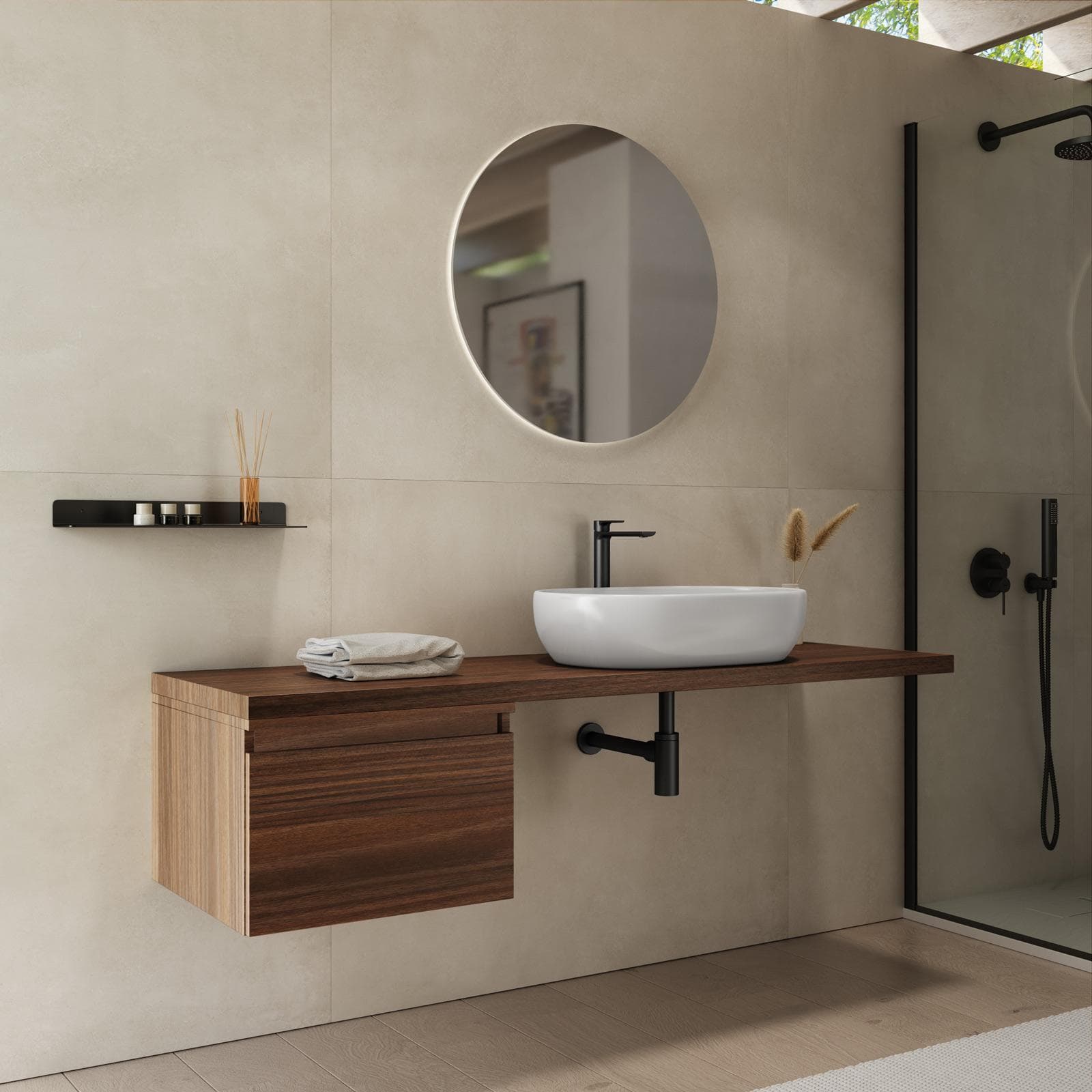 Mensolone bagno 150 cm con cassetto sospeso 50 cm in legno rovere deciso - Plain
