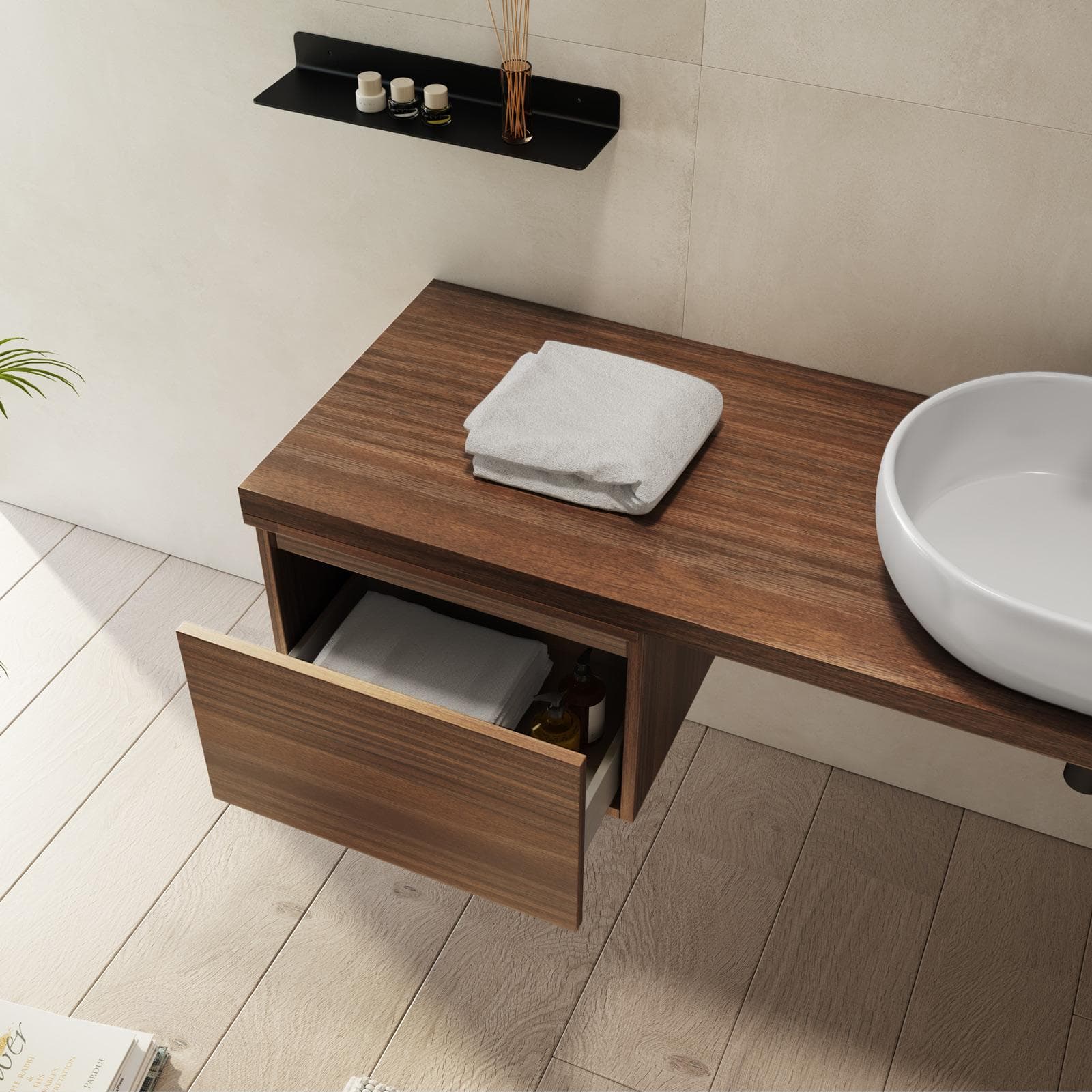Mensolone bagno 150 cm con cassetto sospeso 50 cm in legno rovere deciso - Plain