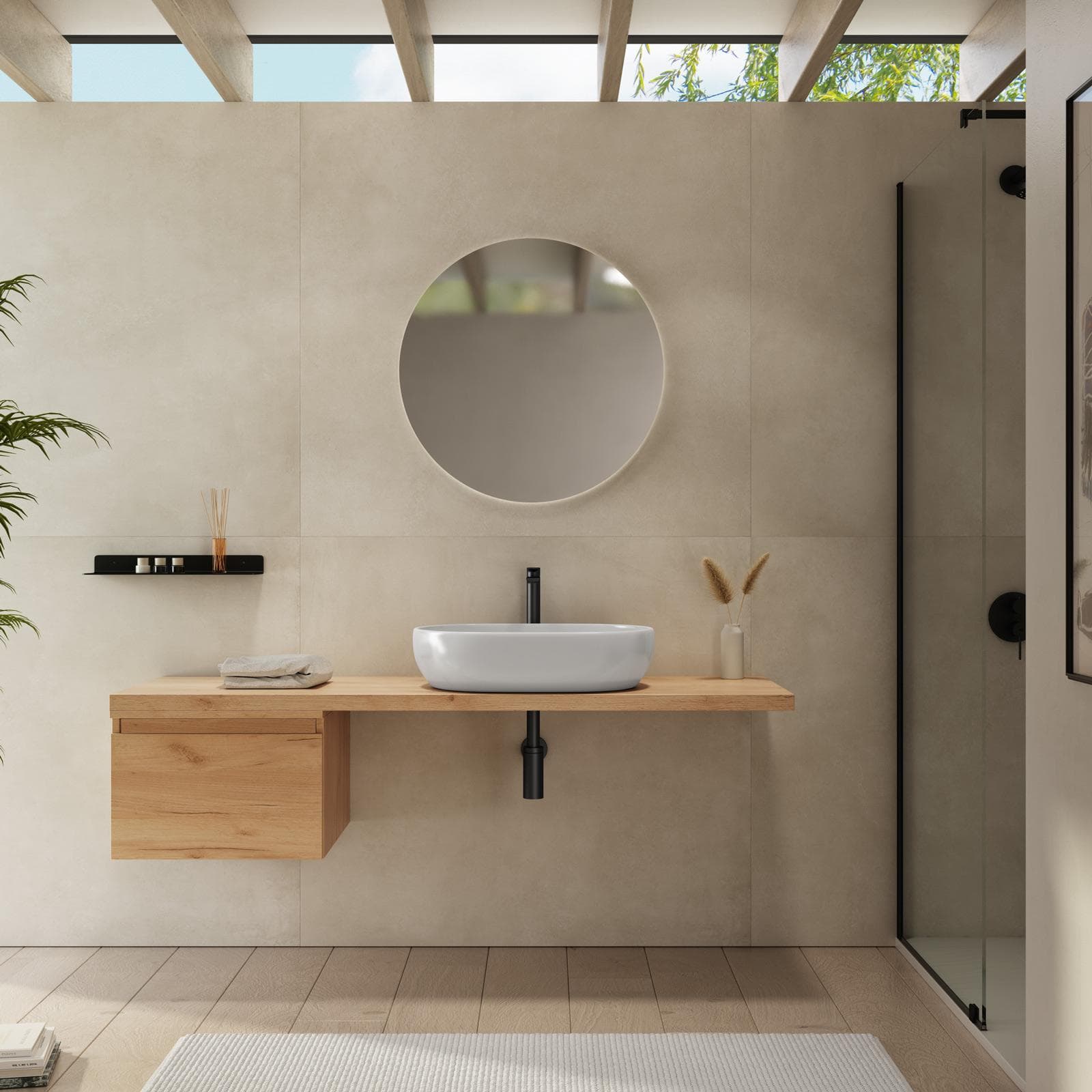 Mensolone bagno 160 cm con cassetto sospeso 50 cm in legno rovere gold - Plain