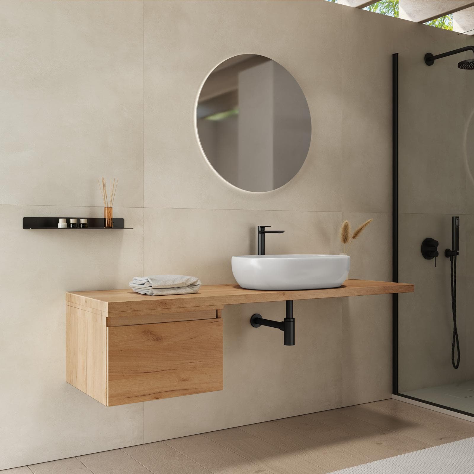 Mensolone bagno 160 cm con cassetto sospeso 50 cm in legno rovere gold - Plain
