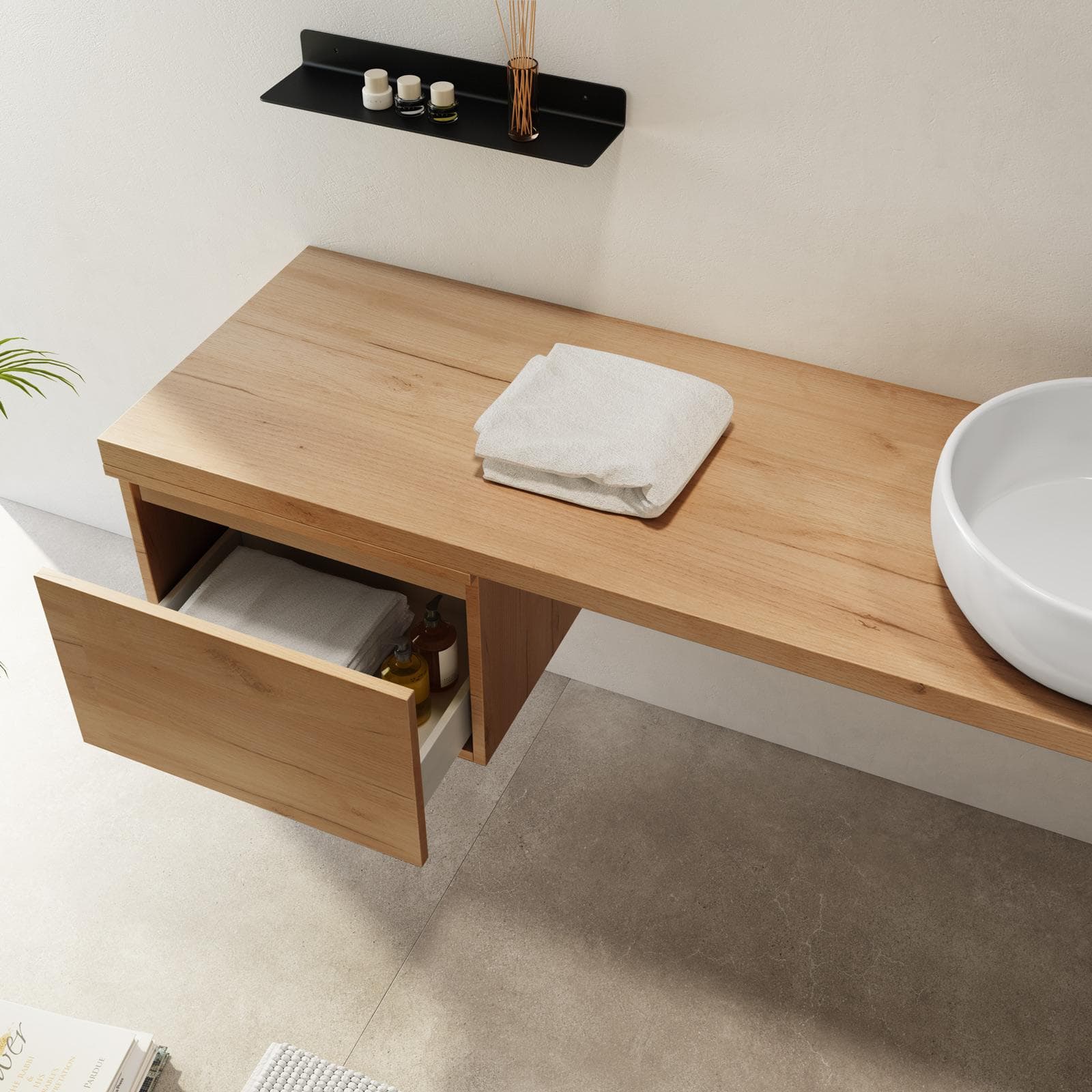 Mensolone bagno 180 cm con cassetto sospeso 50 cm in legno rovere gold - Plain