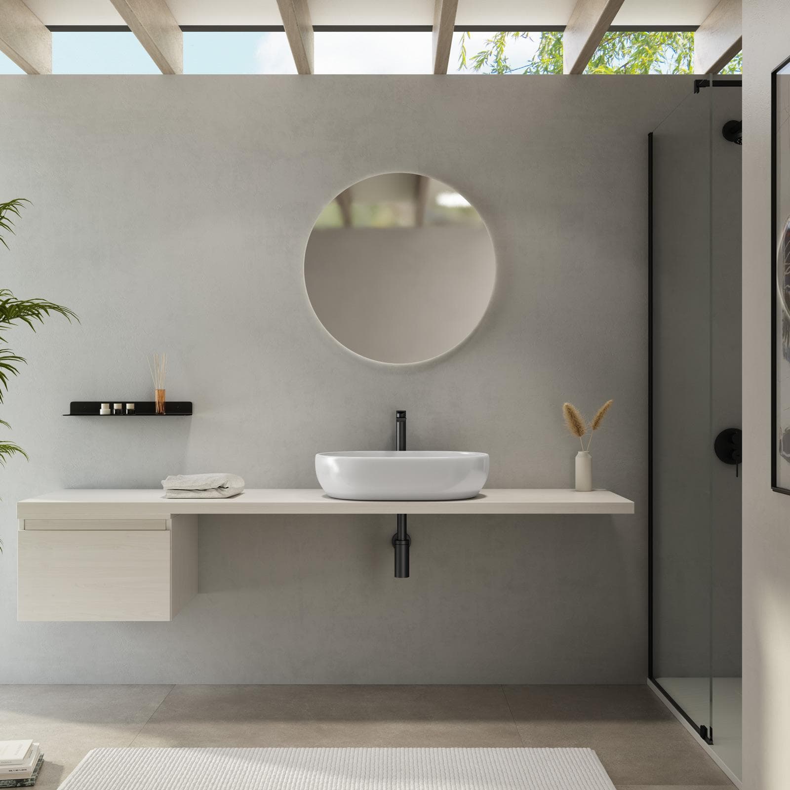 Mensolone bagno 190 cm con cassetto sospeso 50 cm in legno rovere bianco - Plain