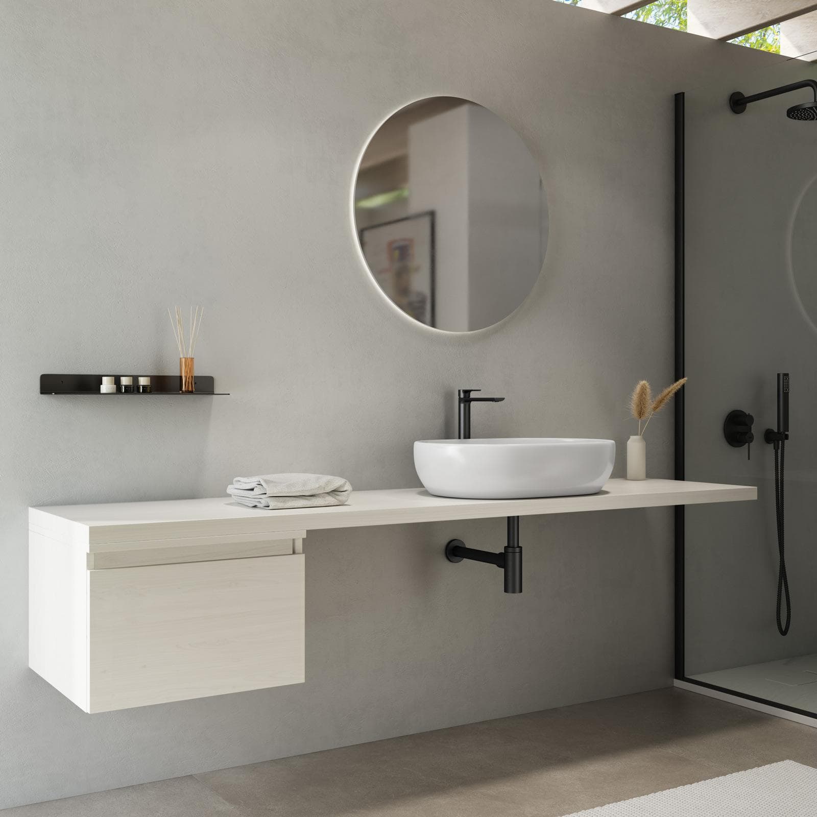 Mensolone bagno 190 cm con cassetto sospeso 50 cm in legno rovere bianco - Plain
