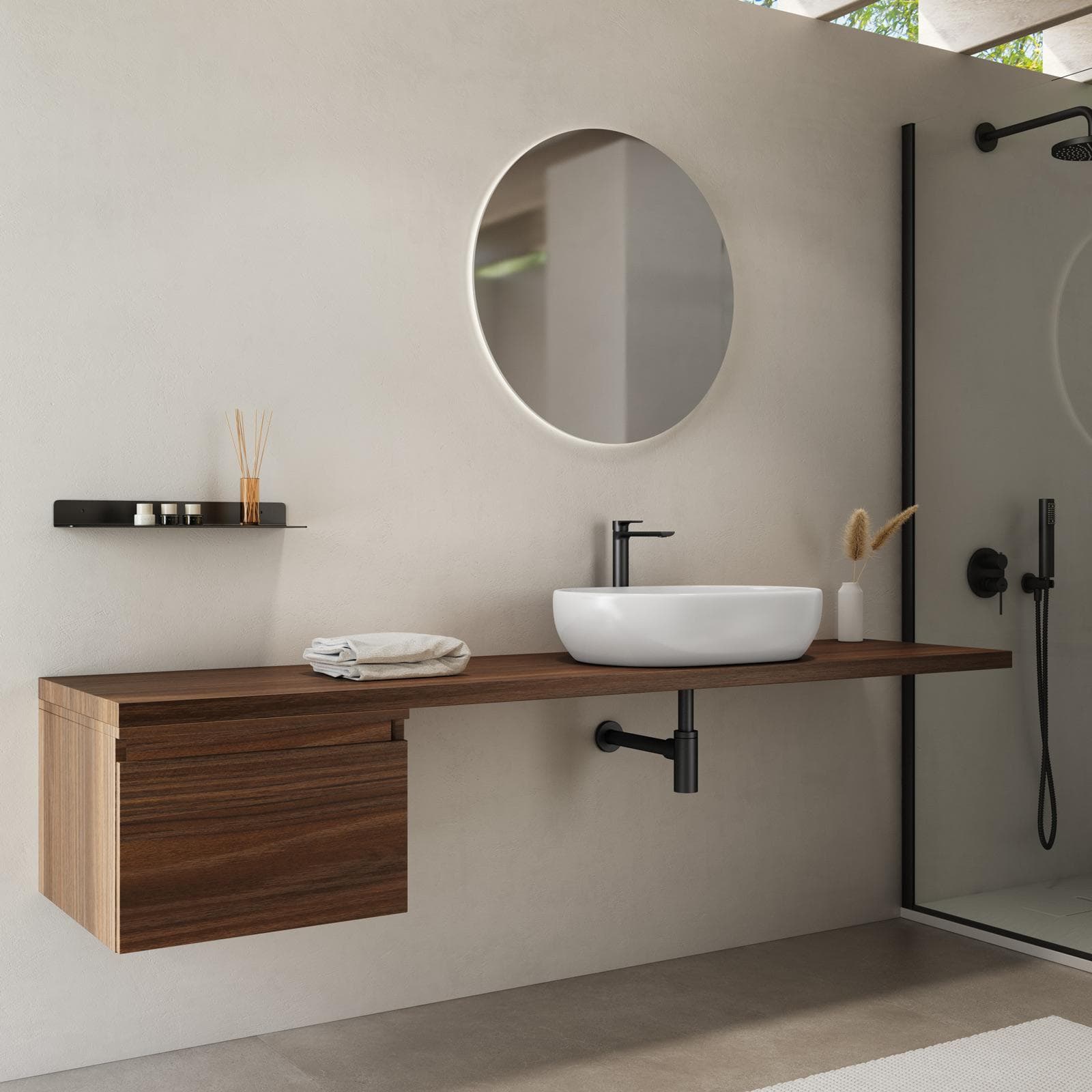 Mensolone bagno 190 cm con cassetto sospeso 50 cm in legno rovere deciso - Plain