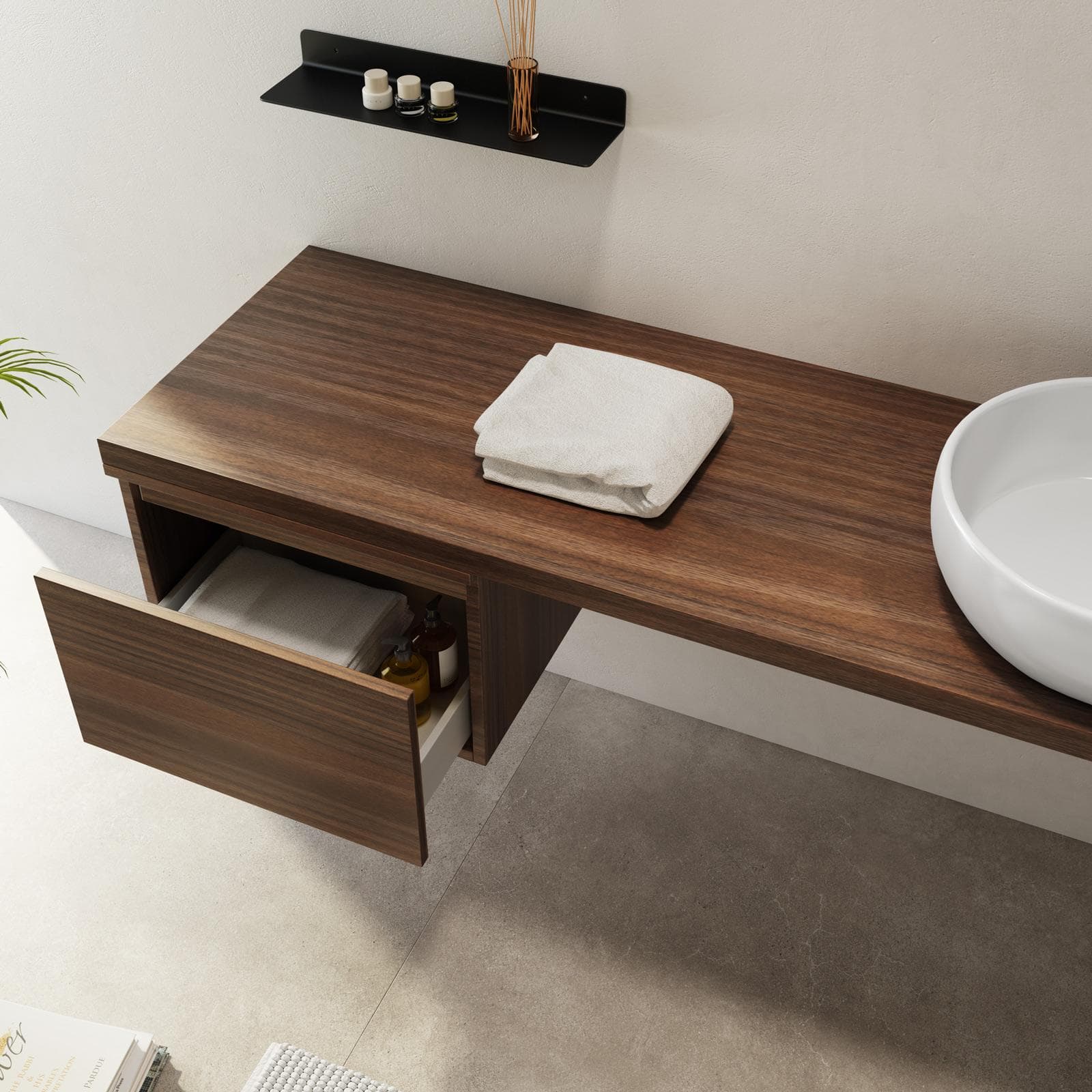 Mensolone bagno 190 cm con cassetto sospeso 50 cm in legno rovere deciso - Plain