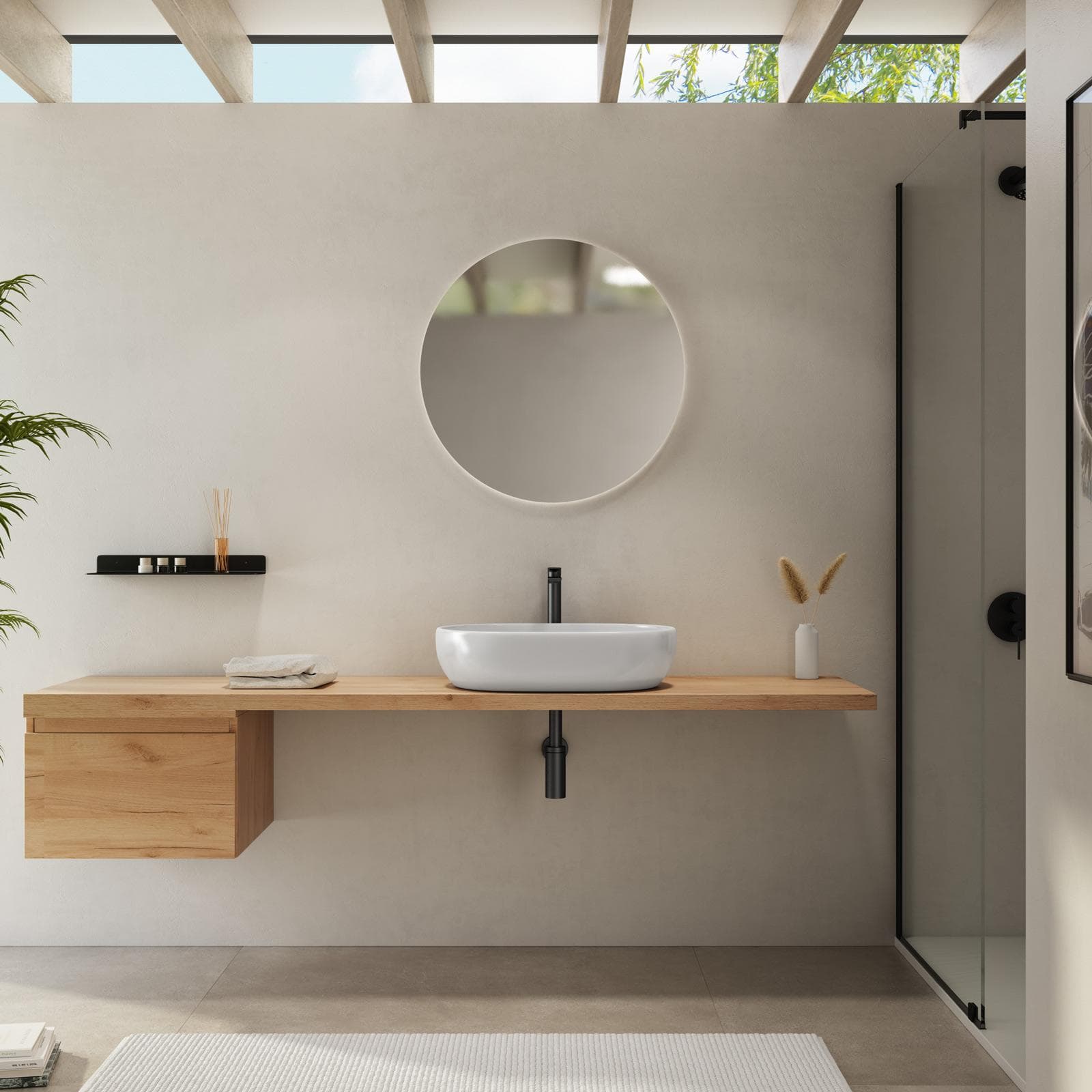 Mensolone bagno 190 cm con cassetto sospeso 50 cm in legno rovere gold - Plain