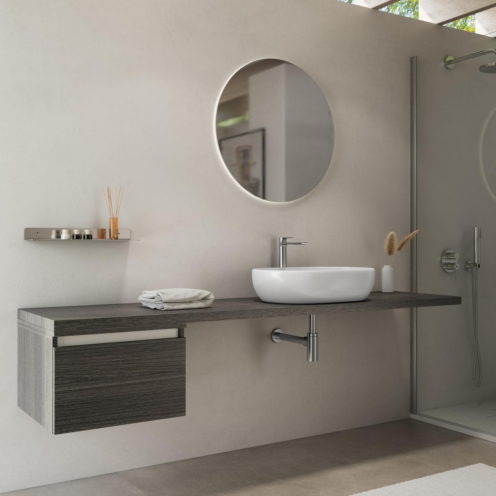 Mensolone bagno 190 cm con cassetto sospeso 50 cm in legno rovere grigio - Plain