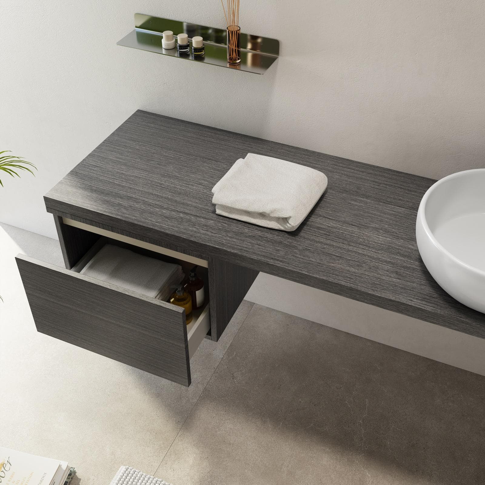 Mensolone bagno 190 cm con cassetto sospeso 50 cm in legno rovere grigio - Plain