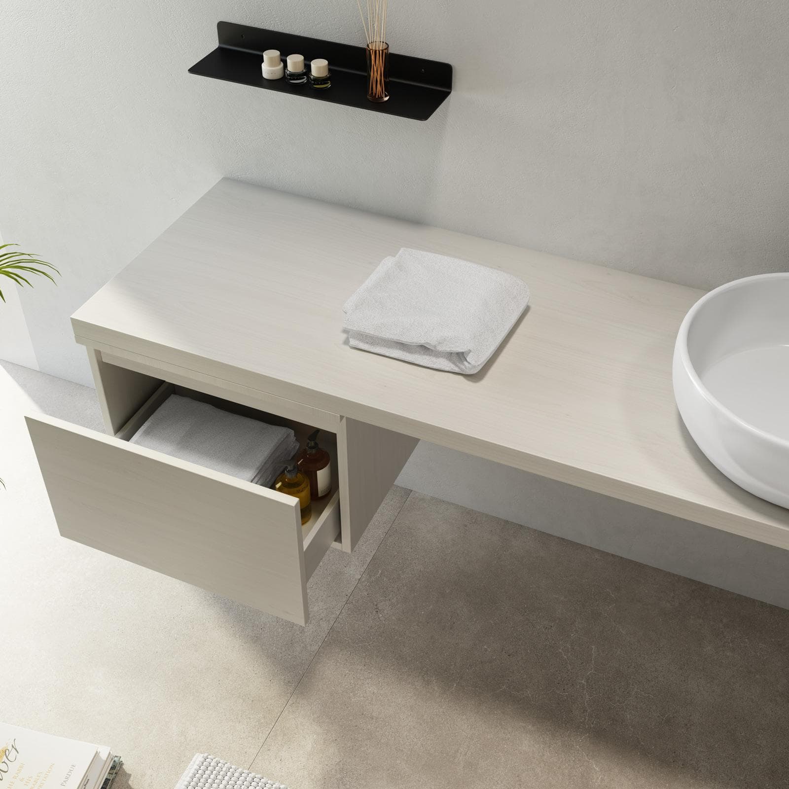 Mensolone bagno 200 cm con cassetto sospeso 50 cm in legno rovere bianco - Plain