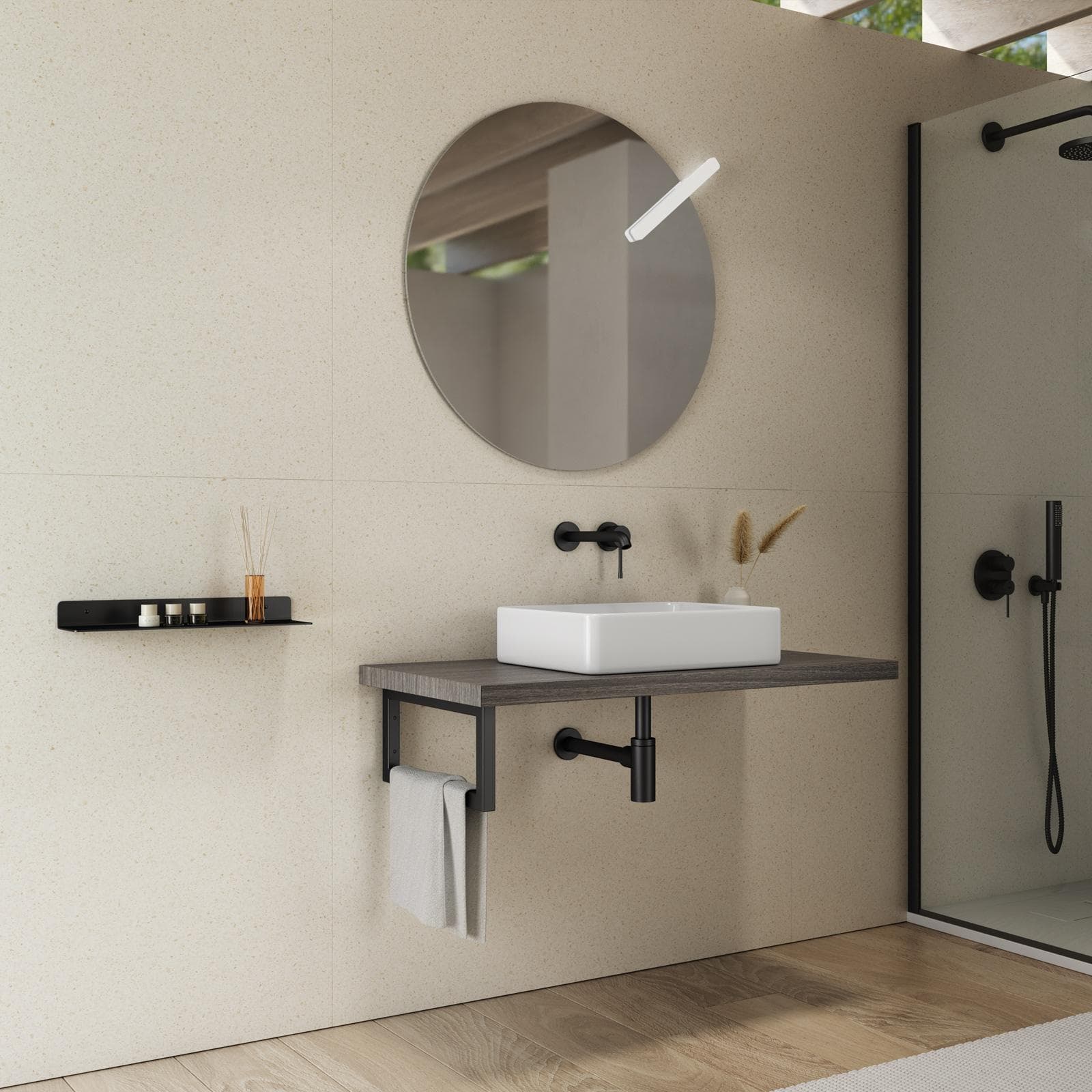 Mensolone bagno 3,8 h sospeso 100 cm in legno rovere grigio - Plain