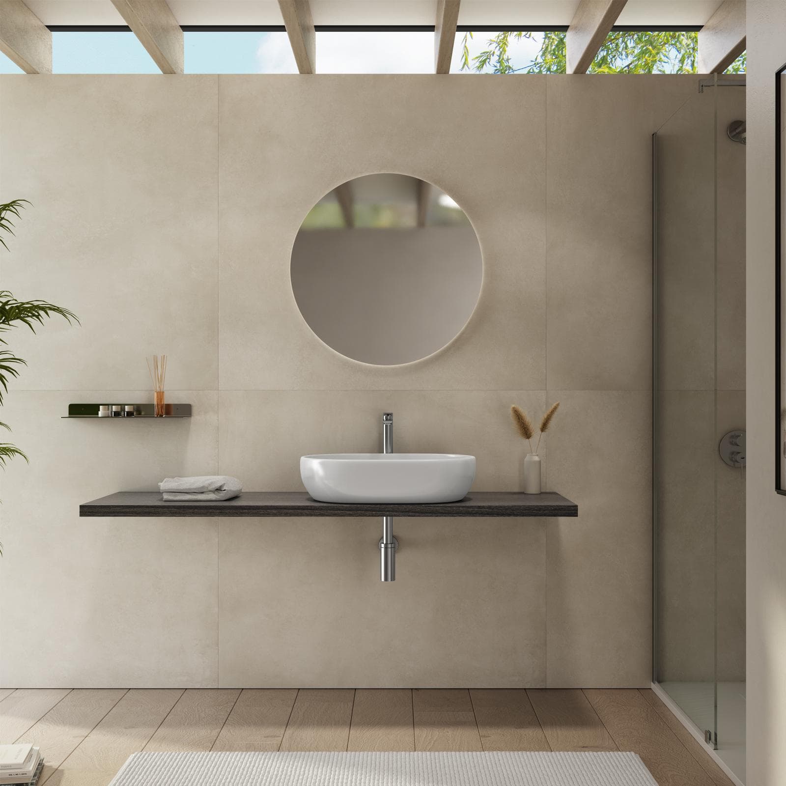 Mensolone bagno 3,8 h sospeso 150 cm in legno rovere grigio - Plain