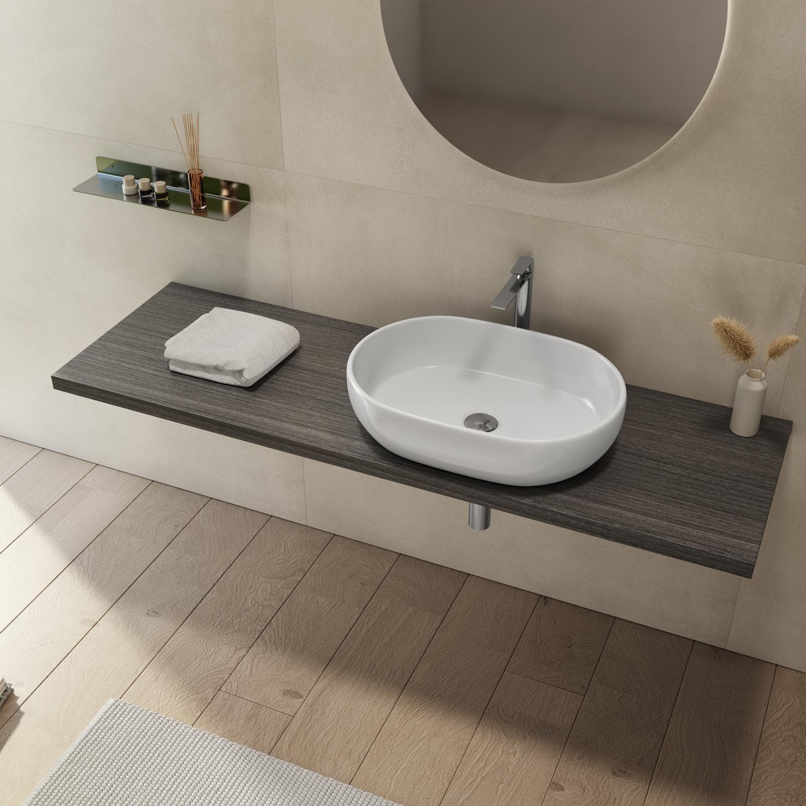 Mensolone bagno 3,8 h sospeso 150 cm in legno rovere grigio - Plain