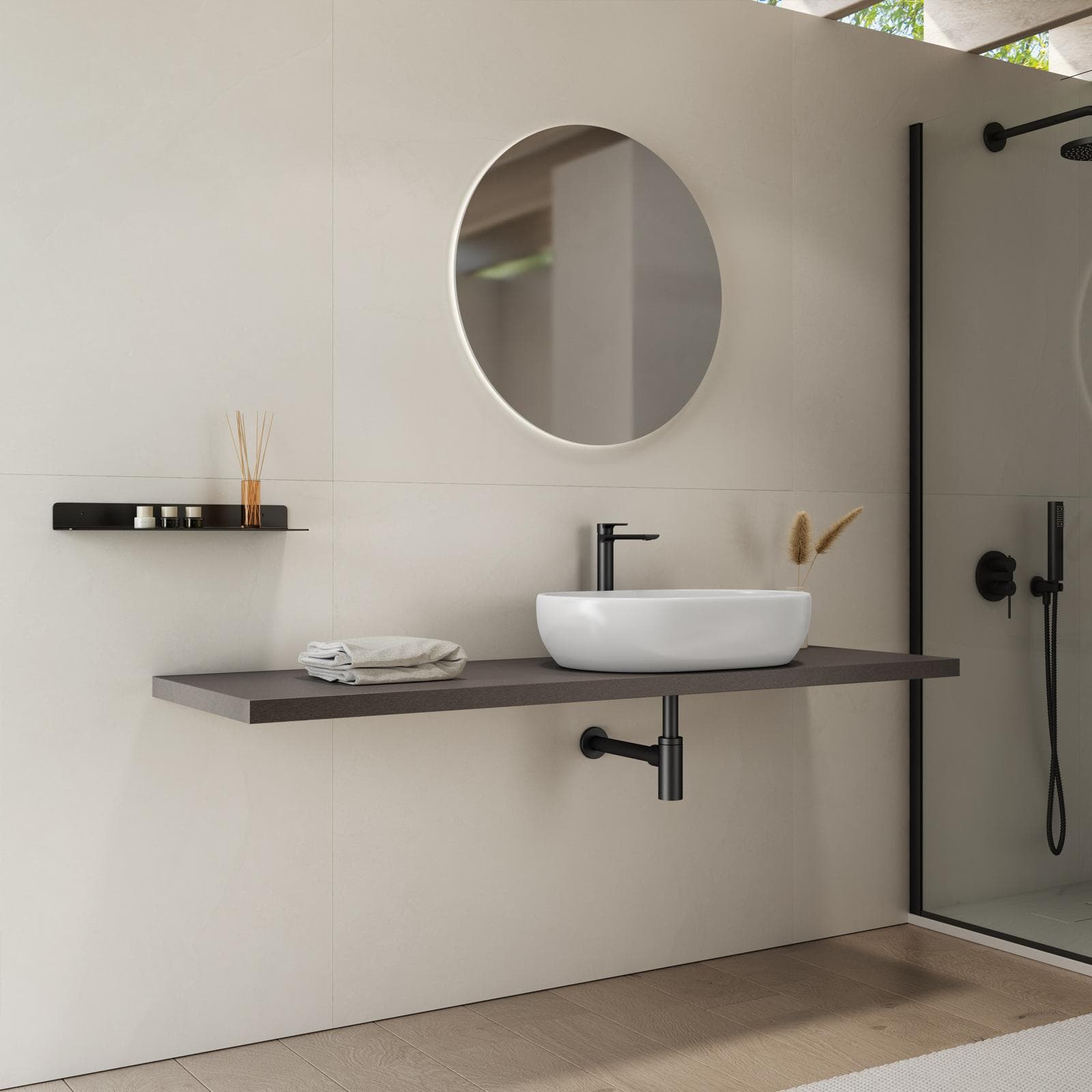 Mensolone bagno 3,8 h sospeso 160 cm in legno grigio ombra - Plain
