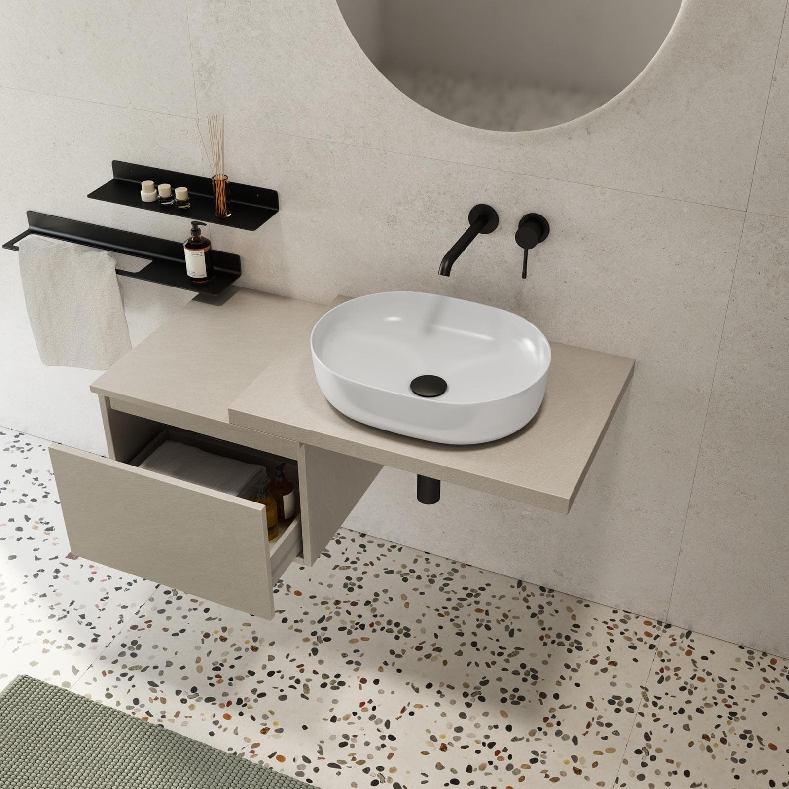 Mensolone bagno 60 cm con cassetto sospeso 50 cm in legno argilla - Plain
