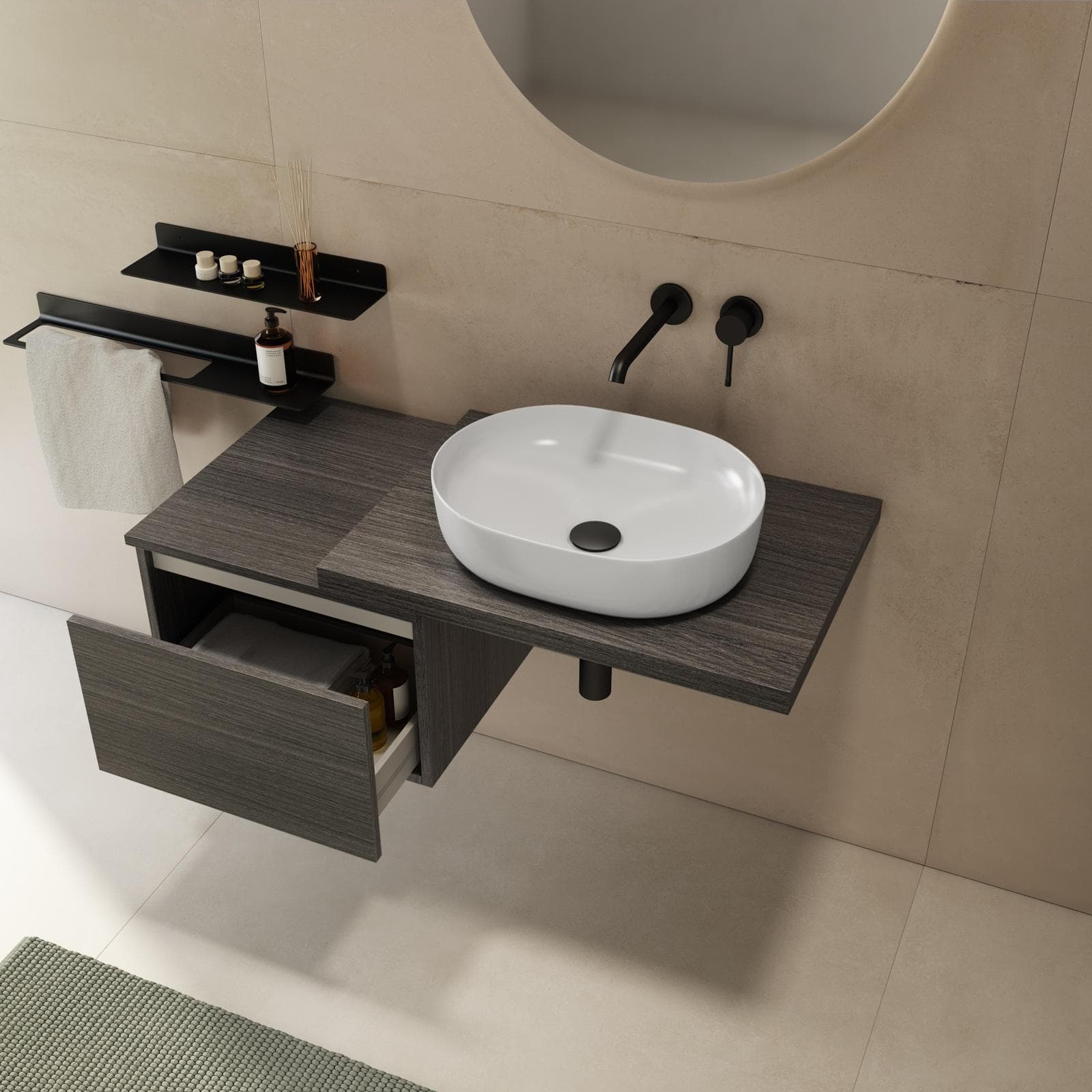 Mensolone bagno 60 cm con cassetto sospeso 50 cm in legno rovere grigio - Plain
