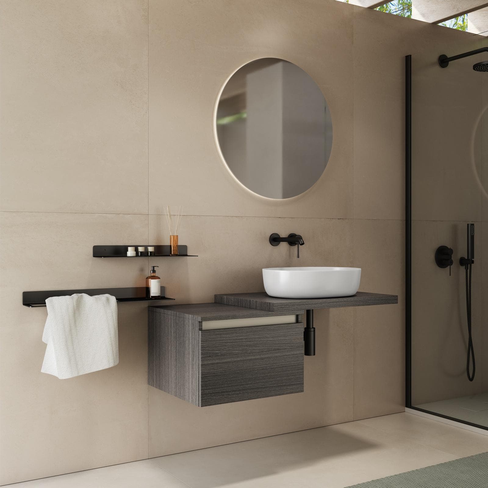 Mensolone bagno 70 cm con cassetto sospeso 50 cm in legno rovere grigio - Plain