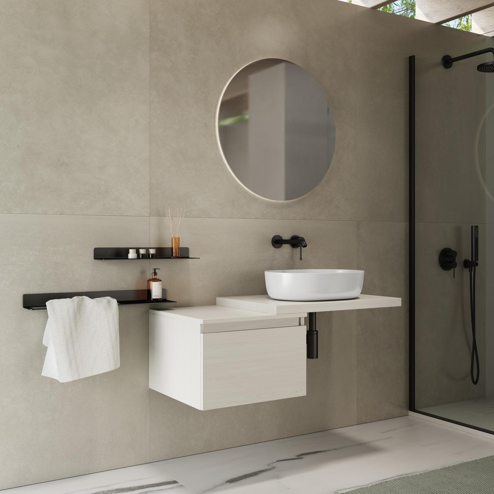 Mensolone bagno 80 cm con cassetto sospeso 50 cm in legno rovere bianco - Plain