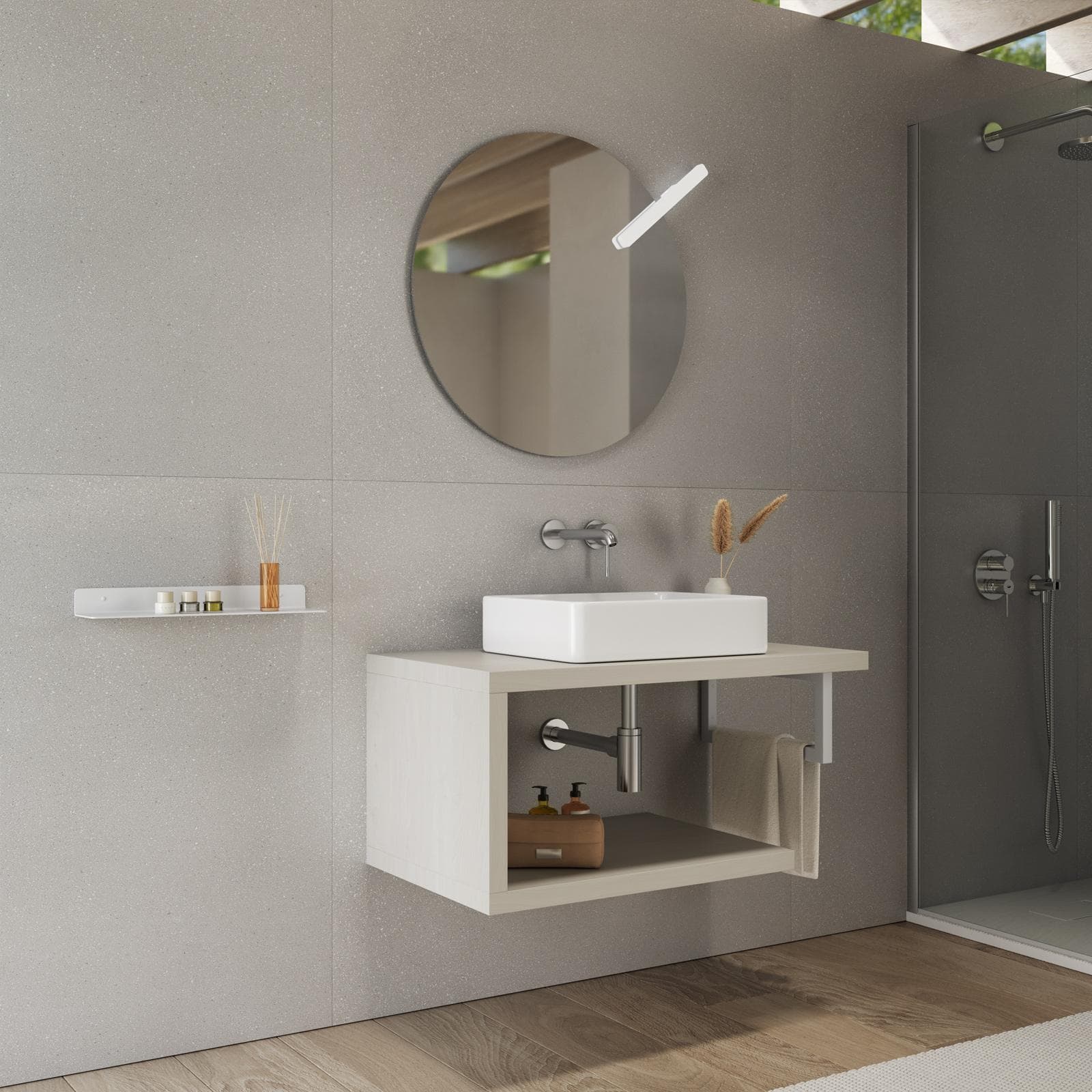 Mensolone bagno 80 cm con ripiano in legno rovere bianco e portasalviette bianco opaco - Plain