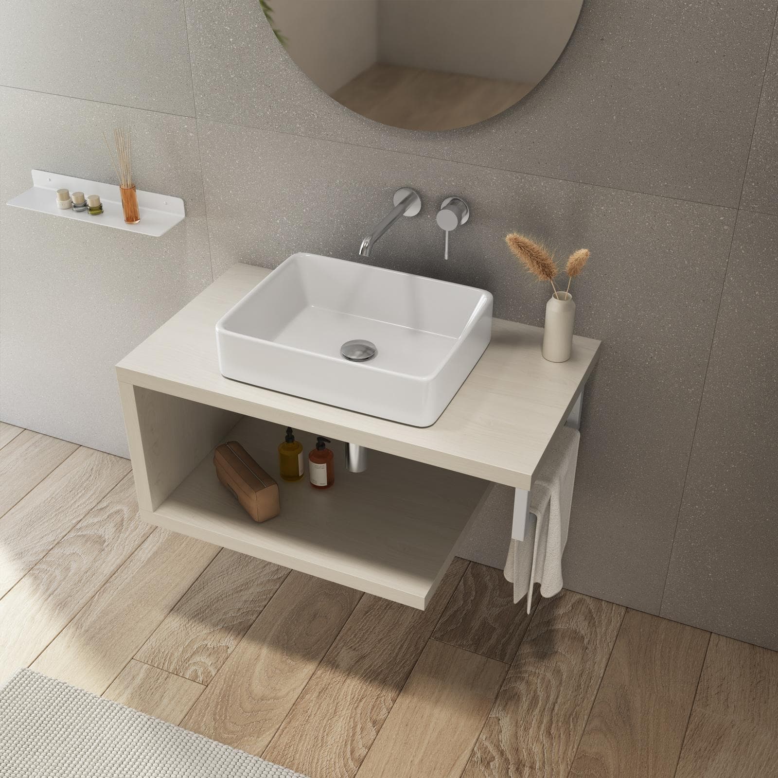 Mensolone bagno 80 cm con ripiano in legno rovere bianco e portasalviette bianco opaco - Plain